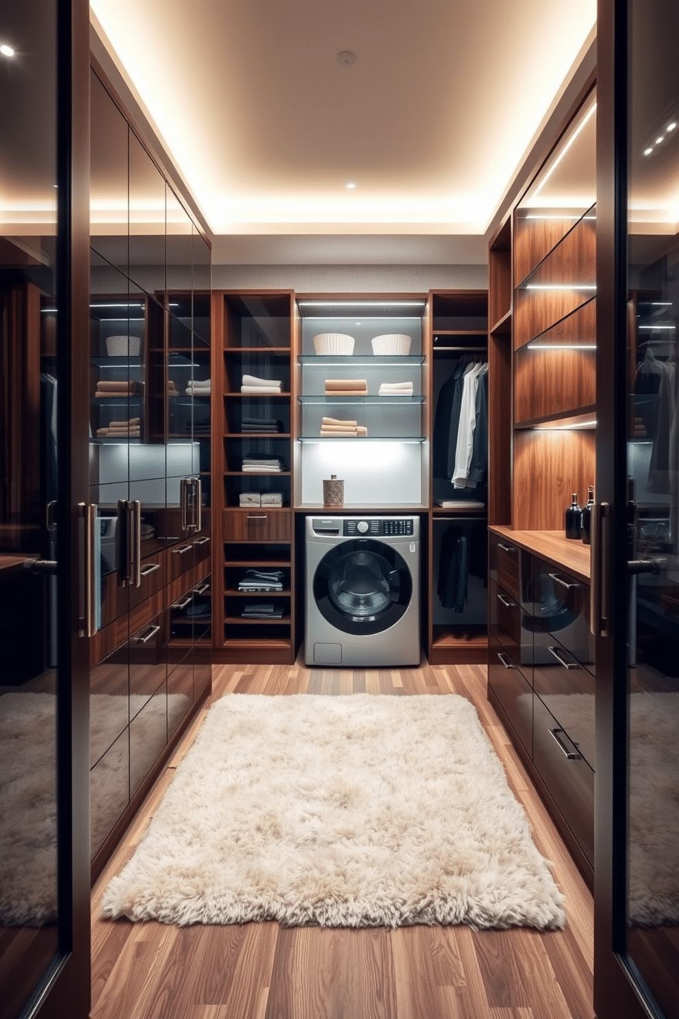 A luxurious walk-in closet featuring a mix of materials for visual contrast. The space showcases sleek glass shelving paired with rich wooden cabinetry, creating an elegant yet functional environment. Incorporated laundry design ideas include a hidden washer and dryer behind stylish cabinetry, seamlessly blending into the overall aesthetic. Soft lighting highlights the textures of the materials, while a plush rug adds warmth underfoot.