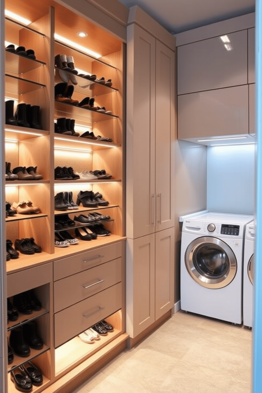 A spacious walk-in closet featuring built-in shoe racks illuminated by soft, integrated lighting. The shoe racks are arranged in a stylish manner, showcasing a variety of footwear, while adjacent to them is a designated laundry area with sleek cabinetry and a modern washer and dryer.