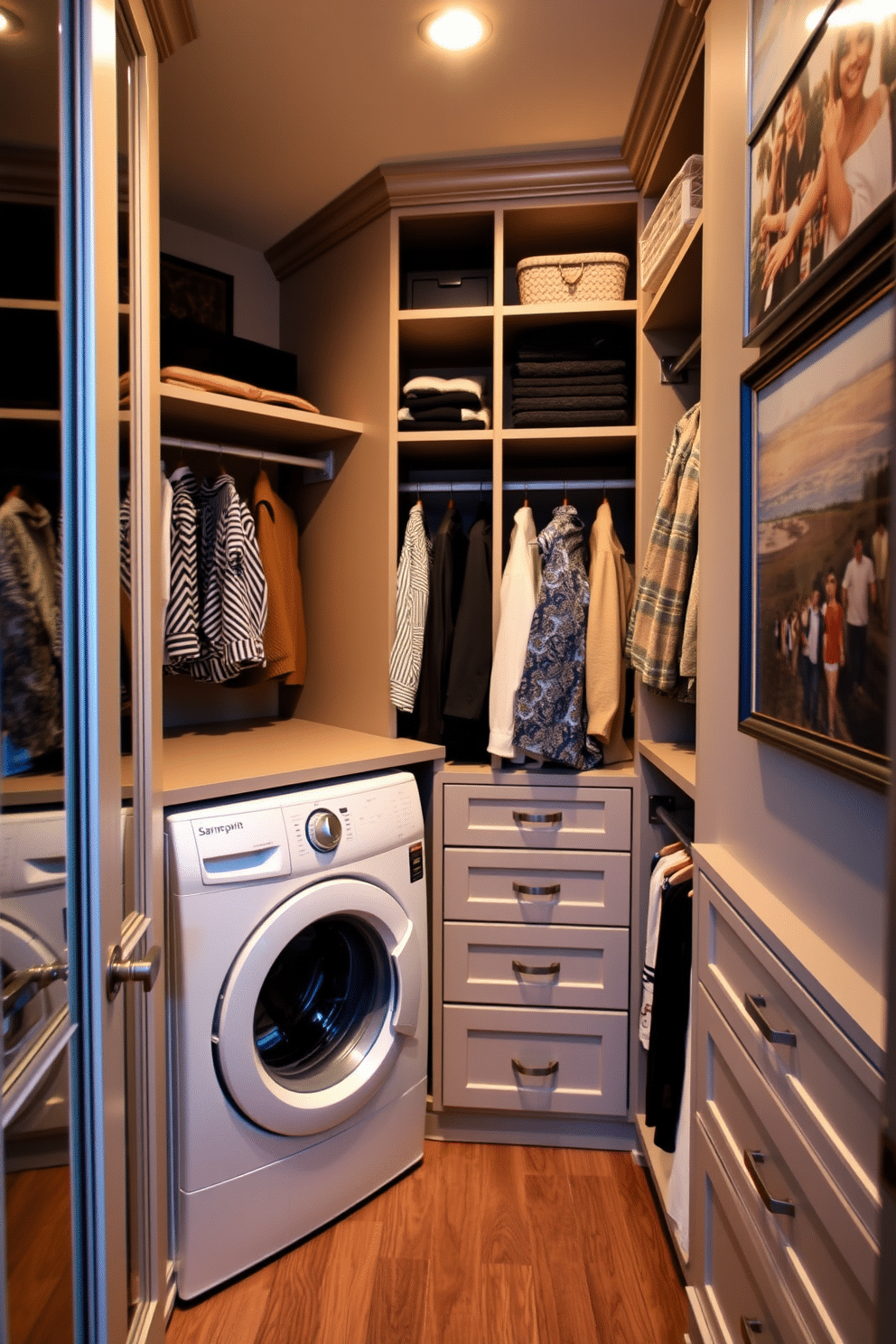 A stylish walk-in closet featuring custom-built shelving and hanging space, designed for optimal organization. A laundry area seamlessly integrated into the closet, with a compact washer and dryer tucked away behind elegant cabinetry. The walls are adorned with personal artwork that reflects the homeowner's taste, adding a unique touch to the space. Soft, ambient lighting highlights the artwork while providing a warm atmosphere throughout the closet.