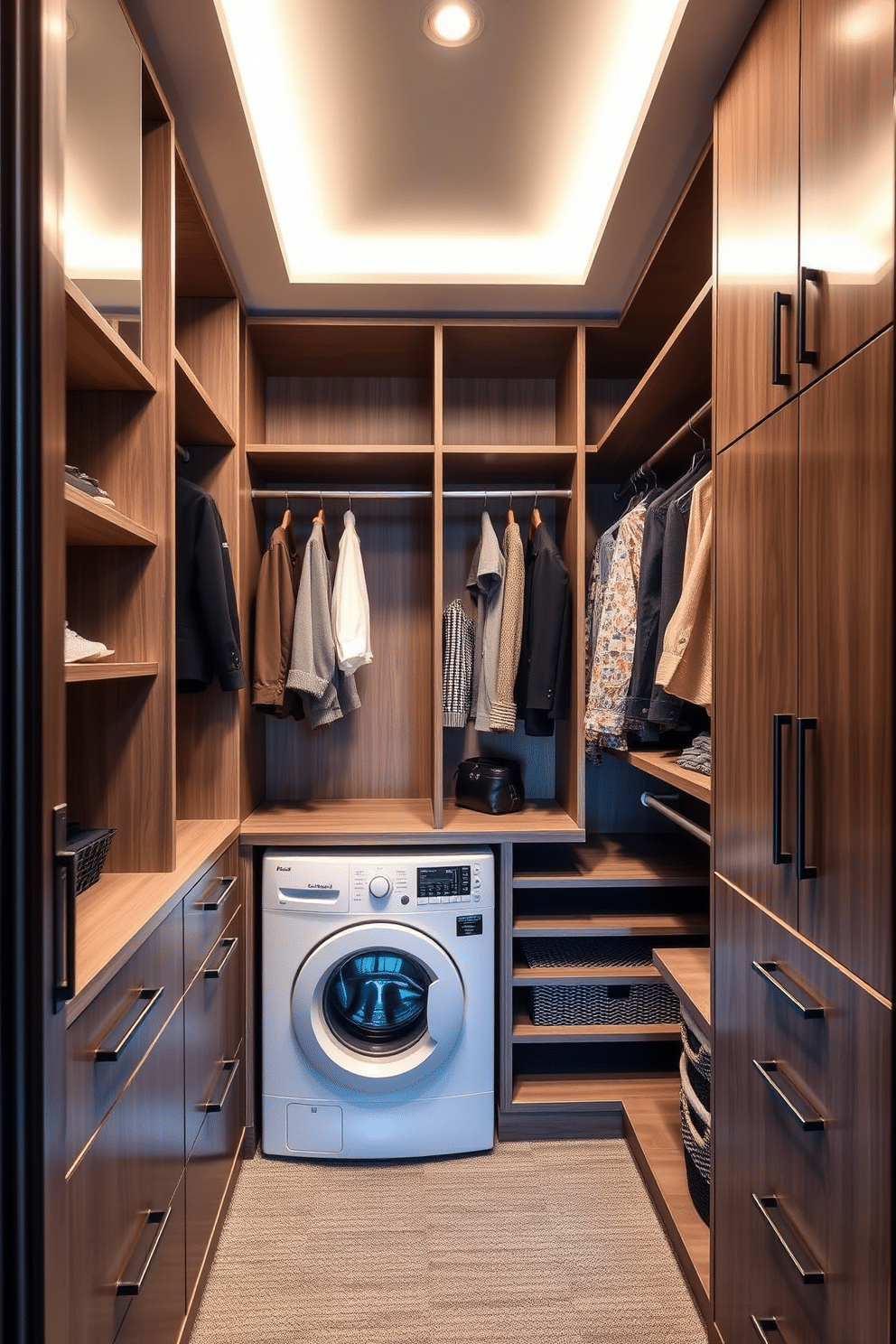 A walk-in closet designed with bright LED lighting ensures maximum visibility and a modern aesthetic. The space features custom shelving and hanging areas, with a designated laundry section that includes a compact washer and dryer seamlessly integrated into the cabinetry.