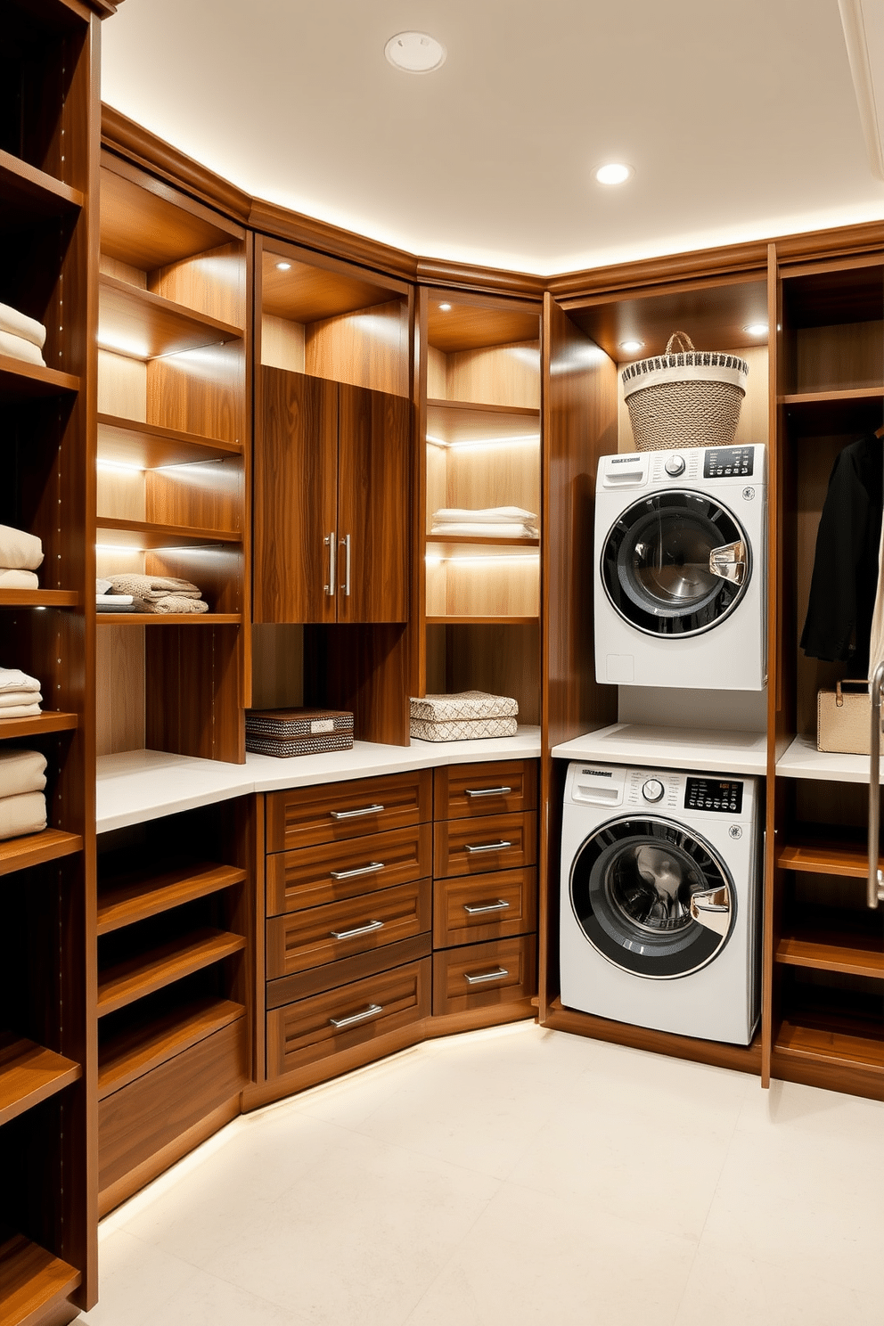 A luxurious walk-in closet featuring custom cabinetry designed for organized storage. The cabinetry includes a mix of open shelving and closed drawers, finished in a rich walnut hue, with soft LED lighting illuminating the space. Adjacent to the cabinetry, a dedicated laundry area is seamlessly integrated into the closet design. This area includes a stacked washer and dryer, with a countertop for folding clothes and a stylish basket for laundry, all framed by elegant cabinetry that complements the overall aesthetic.