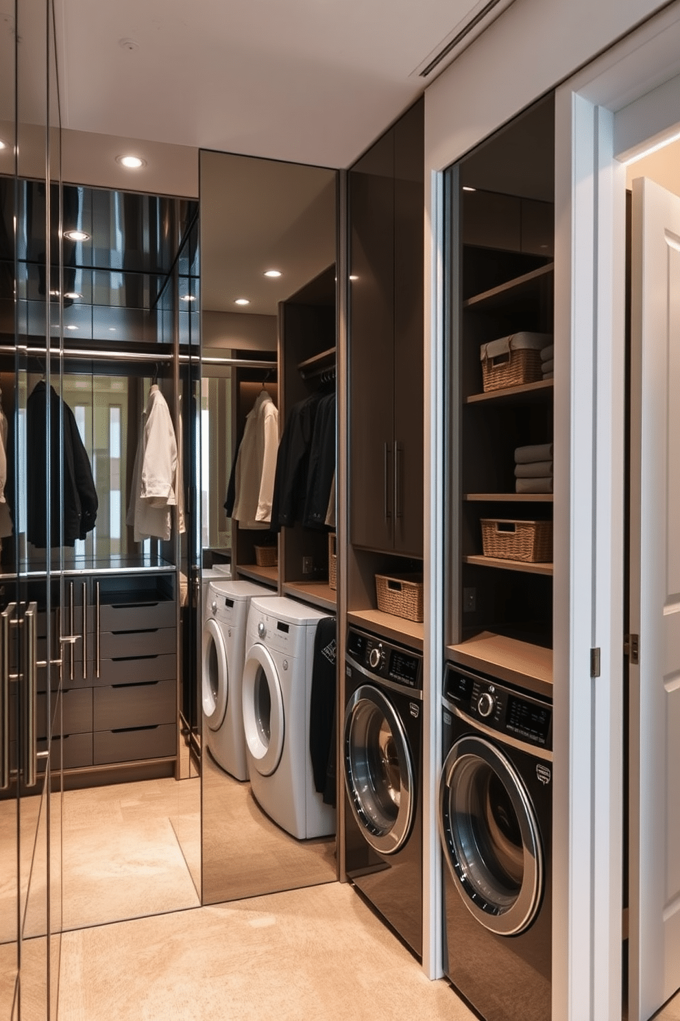 A luxurious walk-in closet features mirrored walls that reflect light and create an illusion of expanded space. The design incorporates built-in shelving and hanging areas, seamlessly blending style with functionality. Adjacent to the closet, a dedicated laundry area is designed with sleek cabinetry and a modern washer and dryer. The space is organized with baskets and folding surfaces, ensuring practicality while maintaining an elegant aesthetic.