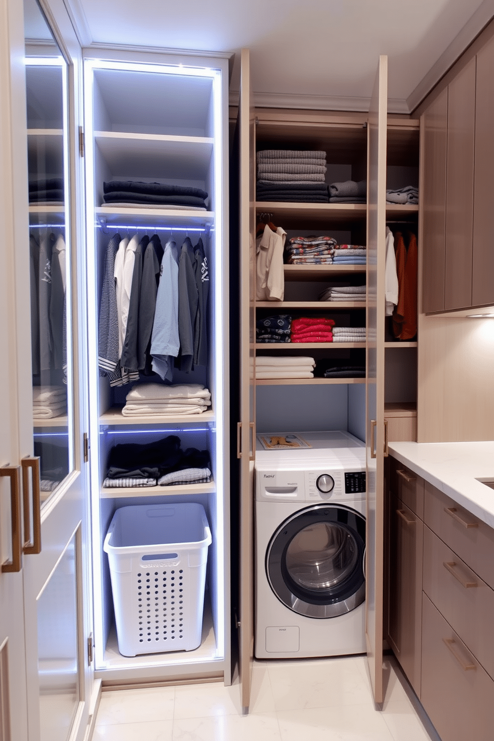 A stylish walk-in closet features built-in hampers for laundry sorting, seamlessly integrated into the cabinetry for a clean look. The space is illuminated by soft LED lighting, highlighting the organized shelves filled with neatly arranged clothing and accessories. Adjacent to the hampers, a dedicated laundry area includes a compact washer and dryer, cleverly concealed behind matching cabinet doors. The design incorporates a countertop for folding clothes, with ample storage above for laundry essentials, all finished in a chic, modern aesthetic.