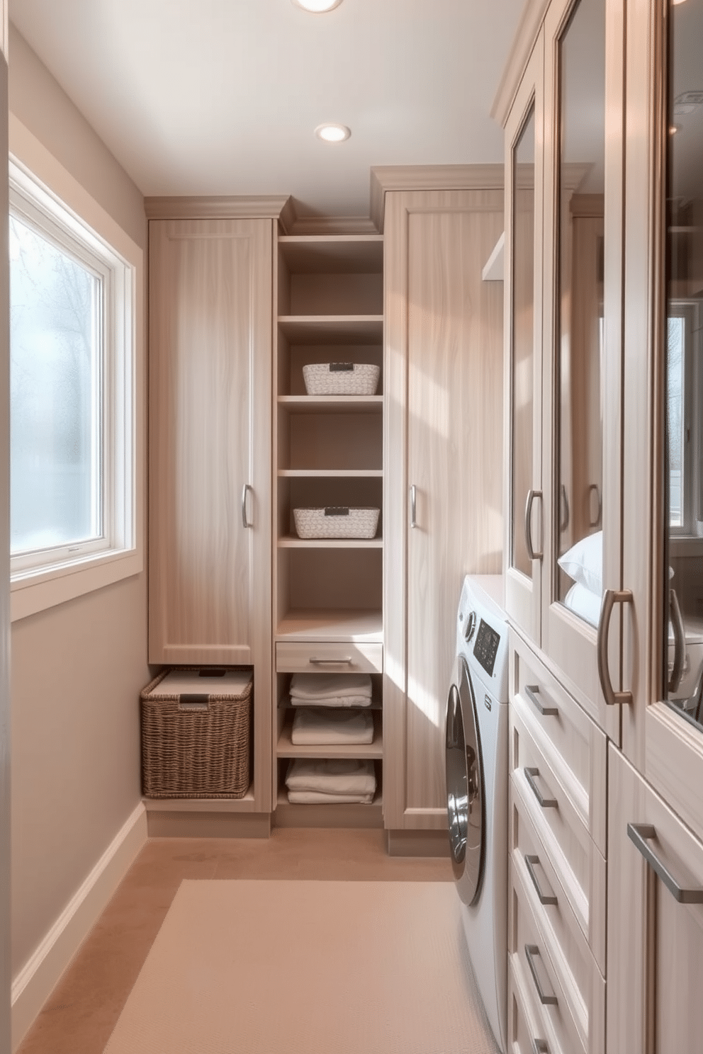 A serene walk-in closet featuring a neutral color palette that promotes a calm ambiance. Soft beige walls complement the light wood cabinetry, creating a cohesive and inviting space. The closet includes a designated laundry area with stylish storage solutions, such as wicker baskets and sleek shelving. Natural light filters in through a frosted glass window, enhancing the tranquil atmosphere while providing functionality.