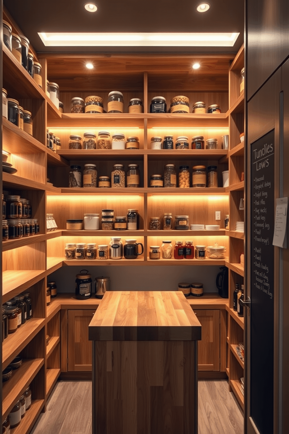 Open shelving creates a functional and stylish walk-in pantry, featuring wooden shelves that showcase neatly organized jars and containers. The space is illuminated by warm LED lighting, highlighting the rich textures of the wood and the vibrant colors of the stored ingredients. The pantry includes a central island with a butcher block top, providing additional prep space for meal preparation. Accent lighting under the shelves adds a modern touch, while a chalkboard wall offers a space for notes and lists, blending practicality with design.