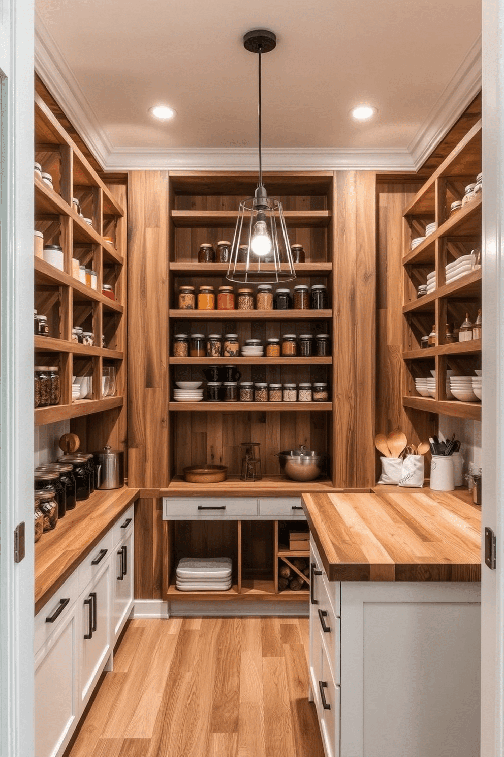 A modern walk-in pantry featuring open shelving made of reclaimed wood, showcasing an organized array of jars and pantry essentials. Soft, warm lighting fixtures are strategically placed to illuminate the space, enhancing the natural textures and colors of the materials. The pantry includes a central island with a butcher block countertop, providing additional workspace and storage underneath. A stylish pendant light hangs above the island, creating a focal point and adding an inviting ambiance to the area.