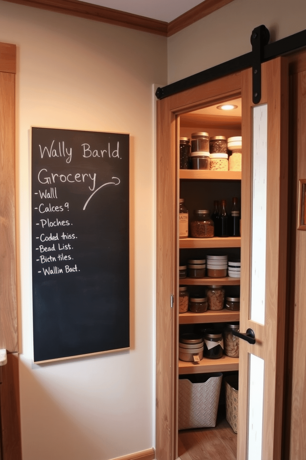 A chalkboard wall is installed in a cozy kitchen corner, providing a stylish and functional space for grocery lists and reminders. The wall is framed with rustic wood trim, and colorful chalk drawings add a playful touch to the overall ambiance. The walk-in pantry features open shelving made of reclaimed wood, showcasing neatly organized jars and containers filled with dry goods. Soft, warm lighting illuminates the space, while a sliding barn door adds a charming rustic element to the design.