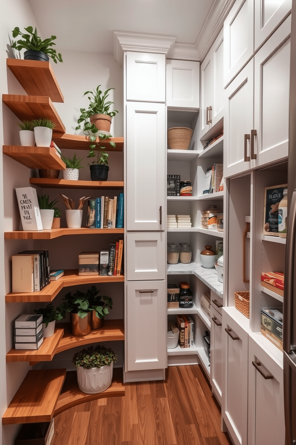 A cozy corner shelf design featuring natural wood with a warm finish, adorned with potted plants and decorative books. The shelves are arranged in a staggered pattern, creating visual interest while maximizing storage in a small space. A spacious walk-in pantry with white shaker-style cabinetry, complemented by a marble countertop for food prep. The pantry includes organized shelving for dry goods, a pull-out spice rack, and a small island in the center for additional workspace.