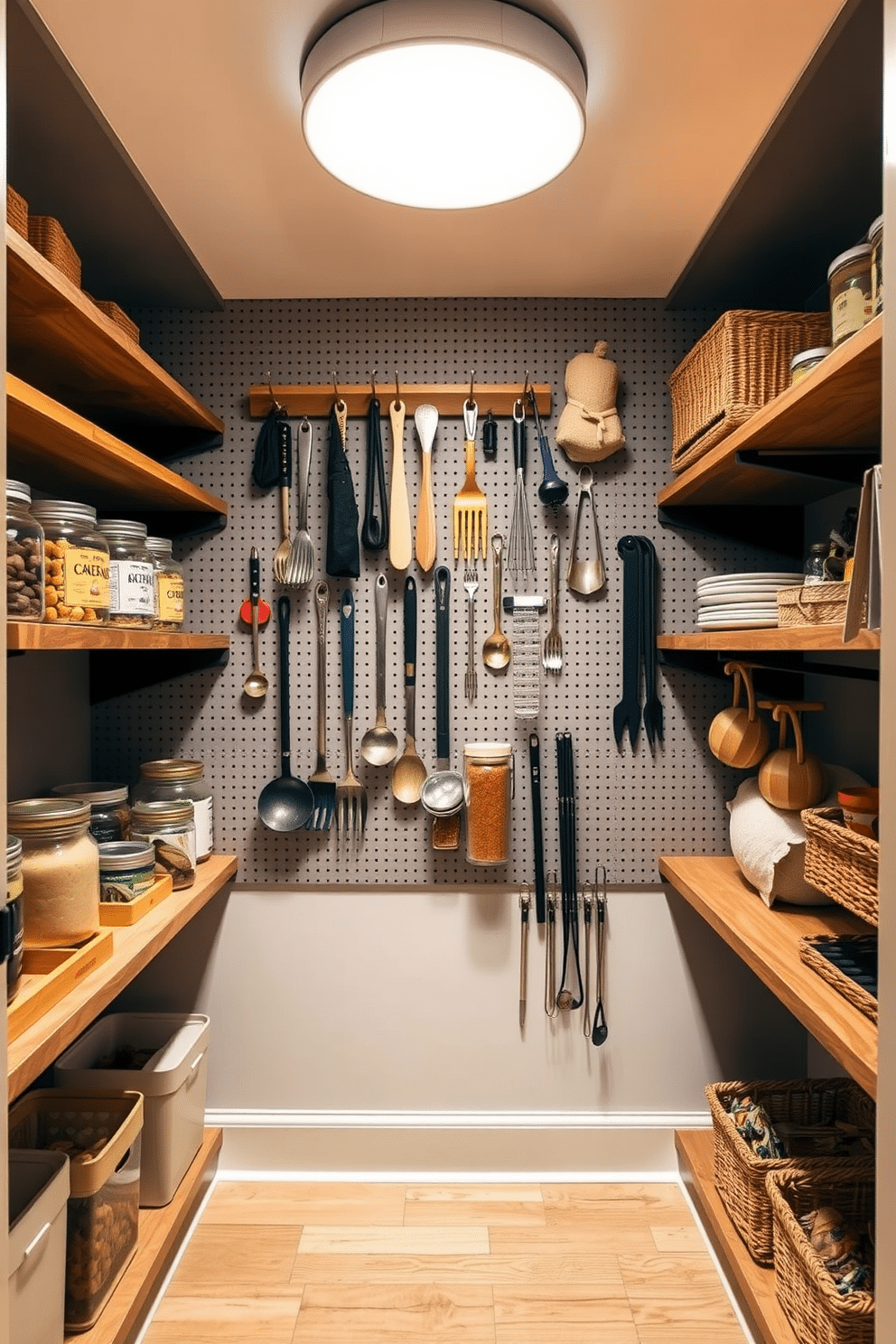 A functional walk-in pantry featuring a pegboard wall for hanging utensils and tools, maximizing storage space while keeping items organized and easily accessible. The design incorporates wooden shelves filled with jars, baskets, and other pantry essentials, all set against a backdrop of soft, neutral-colored walls and warm, ambient lighting.