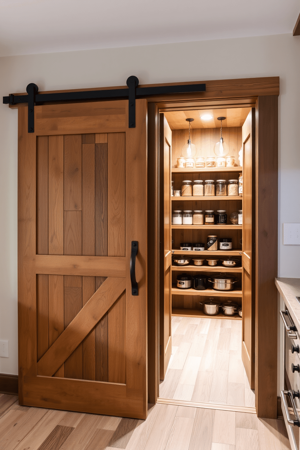 A rustic entrance features a sliding barn door crafted from reclaimed wood, showcasing its natural grain and texture. The door is adorned with wrought iron hardware, enhancing its farmhouse charm and inviting warmth. The walk-in pantry is designed with open shelving made from reclaimed wood, providing ample space for storage and display. Soft, ambient lighting illuminates the space, highlighting jars of ingredients and neatly organized cookware for a functional yet stylish look.