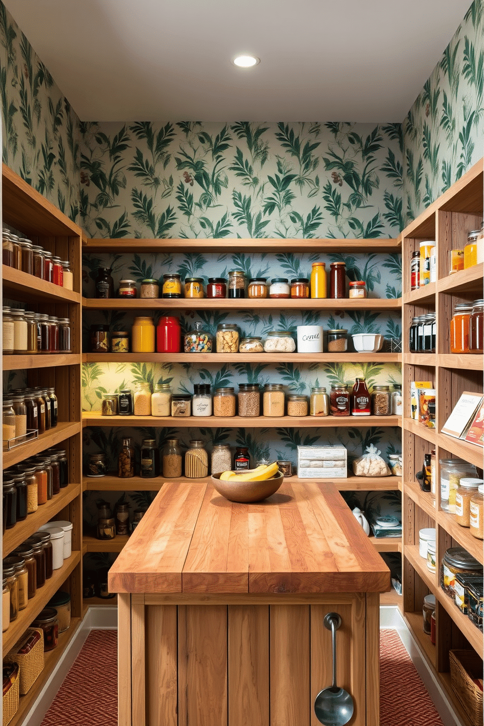 A vibrant walk-in pantry features decorative wallpaper with a botanical print, creating a lively and inviting atmosphere. The shelves are crafted from reclaimed wood, showcasing an array of jars filled with colorful spices and dry goods. The pantry includes a rustic wooden island at the center, perfect for meal prep and additional storage. Soft, ambient lighting illuminates the space, highlighting the unique wallpaper and enhancing the overall charm.