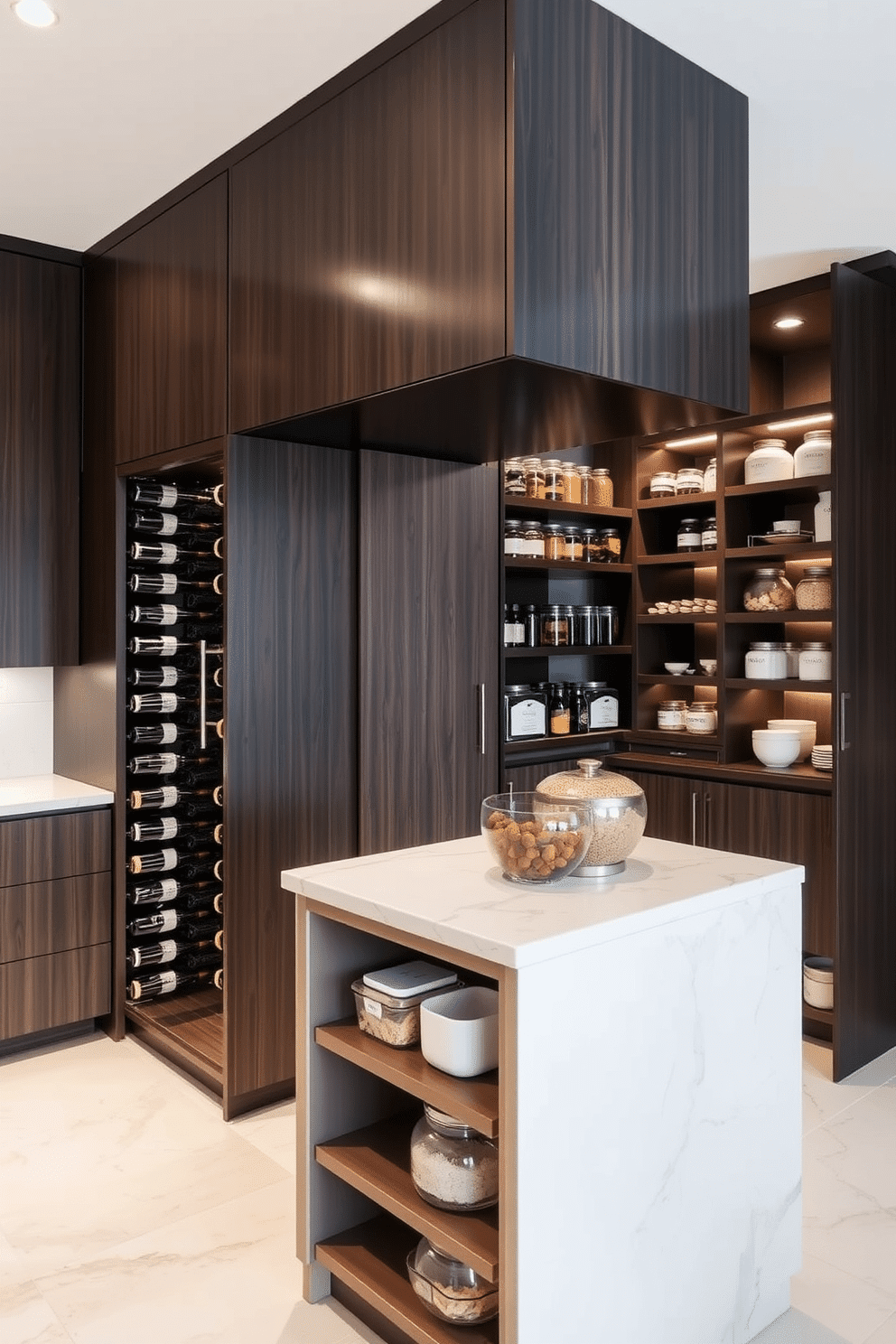 A modern kitchen featuring an integrated wine rack designed for optimal beverage storage. The wine rack is seamlessly built into the cabinetry, showcasing an array of bottles against a backdrop of sleek, dark wood. A spacious walk-in pantry with organized shelving and ample storage solutions. The design includes a central island for easy access, complemented by elegant lighting that highlights the neatly arranged jars and containers.