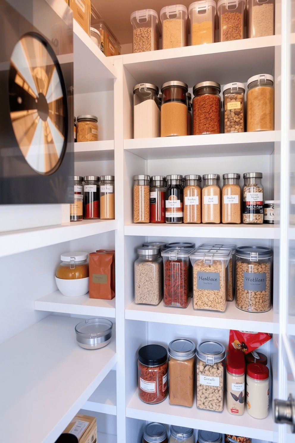 A walk-in pantry featuring tiered shelving for easy visibility. The shelves are organized with clear containers and labeled jars, showcasing a variety of spices, grains, and snacks.