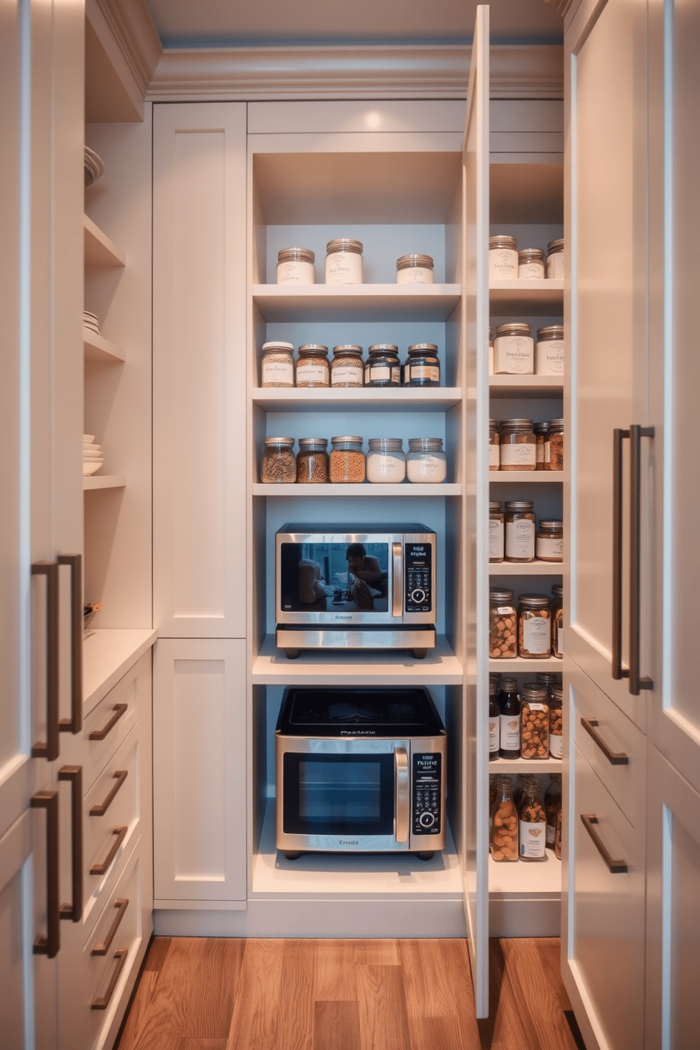 A walk-in pantry designed for optimal organization features hidden appliance storage that seamlessly blends with the cabinetry. The space showcases sleek shelves filled with neatly arranged jars and containers, while a dedicated section for larger appliances remains concealed behind elegant cabinet doors.