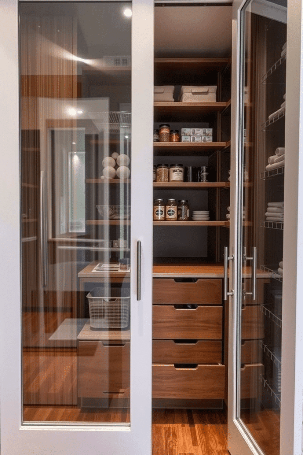 A sleek walk-in pantry featuring glass doors that provide a modern touch and allow for easy visibility of stored items. The interior is organized with custom shelving and pull-out drawers, showcasing a mix of wooden and metal finishes for a contemporary look.