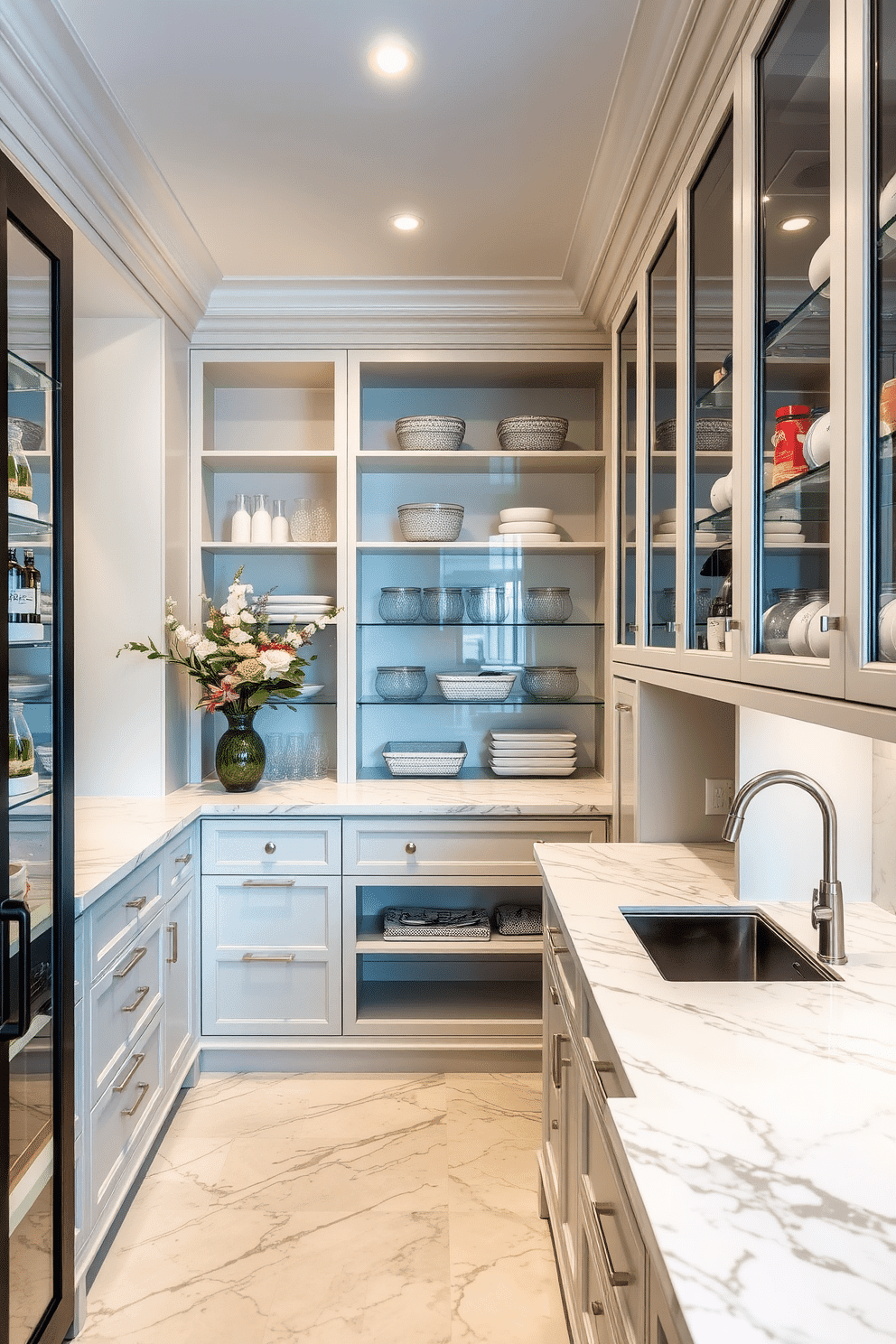 A luxurious walk-in pantry featuring marble countertops that blend elegance with durability. The space is designed with custom shelving and cabinetry, showcasing a harmonious balance of functionality and style.