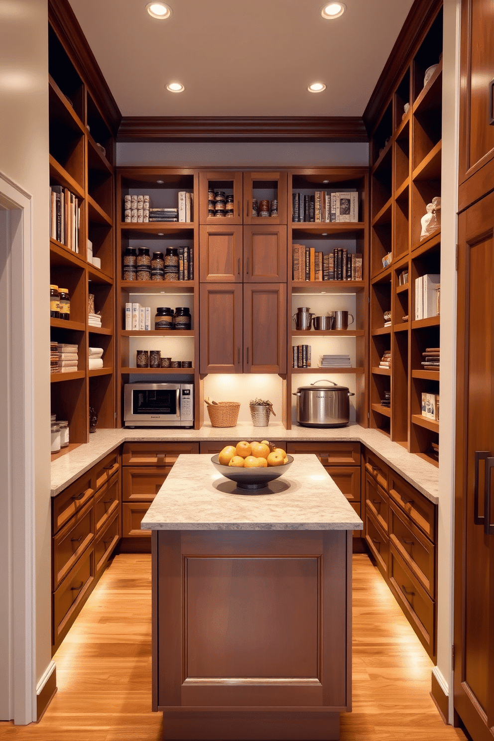 A spacious walk-in pantry features a harmonious blend of open shelving and closed cabinetry, allowing for both display and organization. The open shelves showcase neatly arranged jars and cookbooks, while the closed cabinets provide a clutter-free space for bulk items and less frequently used appliances. The walls are painted in a soft, neutral tone, complemented by warm wooden accents throughout the cabinetry. A large island in the center offers additional workspace, adorned with a stylish fruit bowl and under-counter lighting that highlights the pantry's elegant design.