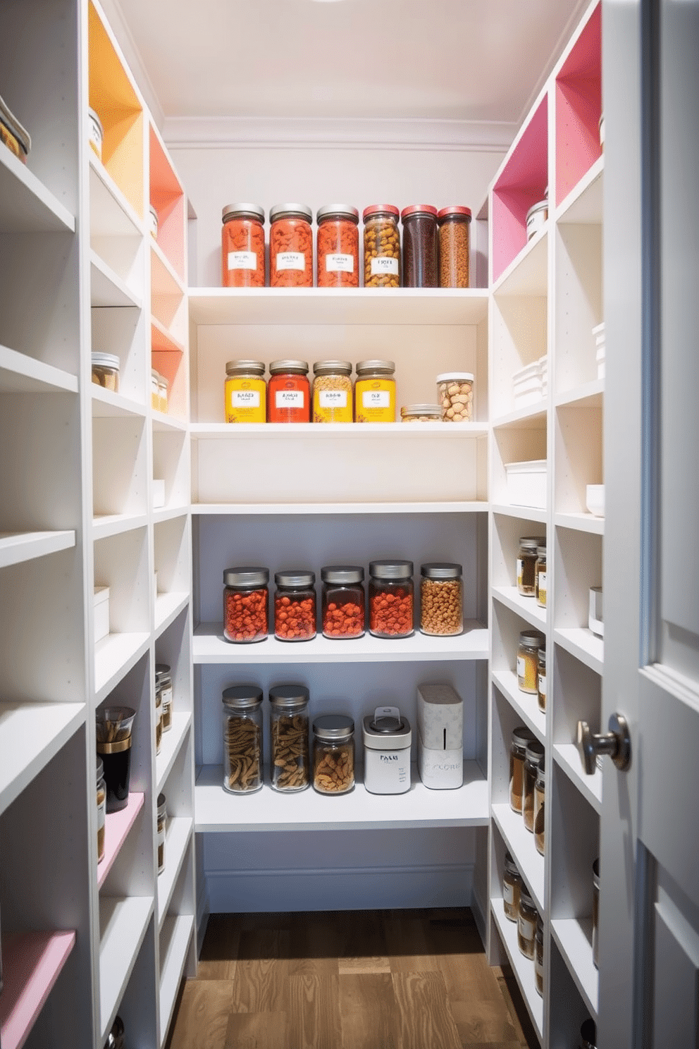 A walk-in pantry featuring color-coded shelves for easy organization and access. The walls are painted a soft white, while the shelves are arranged in a rainbow gradient, showcasing neatly labeled jars and containers.