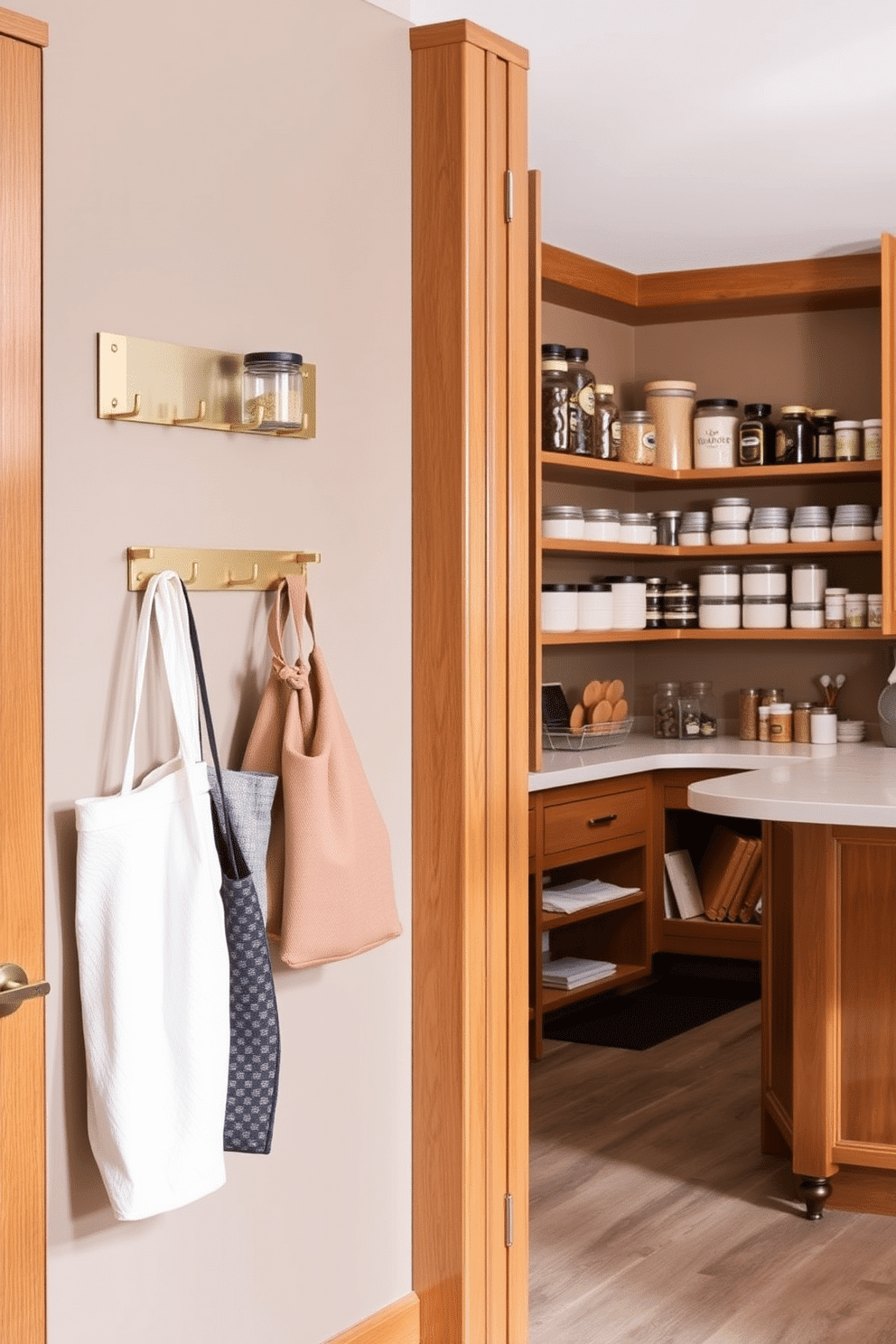 A stylish entryway featuring a wall-mounted rack with hooks for bags and aprons. The hooks are crafted from brushed brass, complementing the warm wood tones of the surrounding cabinetry. An organized walk-in pantry with open shelving displaying neatly arranged jars and labeled containers. The design incorporates a central island for additional prep space, with a cozy reading nook tucked in the corner.