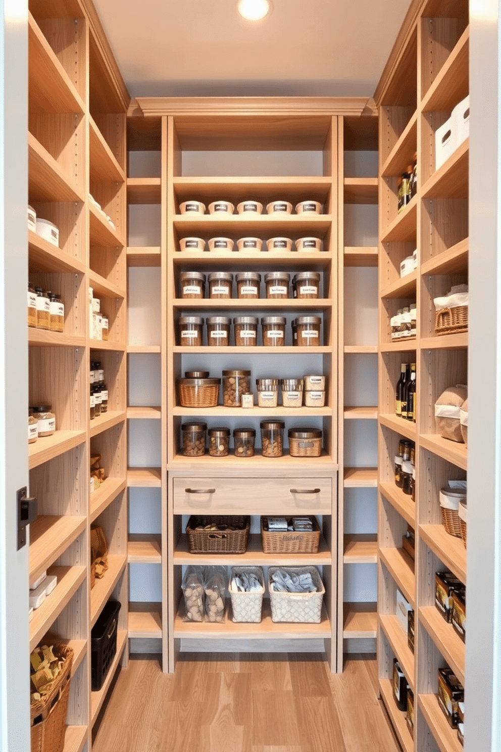 A spacious walk-in pantry featuring floor-to-ceiling shelving designed for maximum storage efficiency. The shelves are crafted from light wood, neatly organized with labeled containers, and the walls are painted a soft white to enhance brightness.