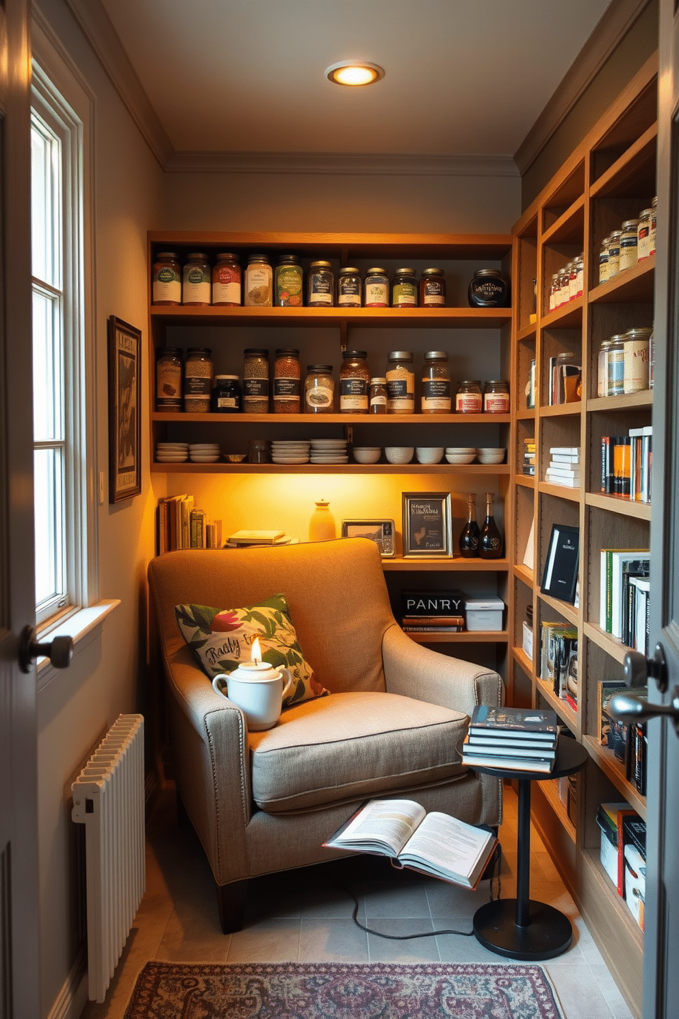 A cozy reading nook in the pantry. A comfortable armchair upholstered in soft fabric is positioned near a window, with a small side table holding a steaming cup of tea and a stack of books. The walls are lined with open shelving filled with jars of spices and neatly organized pantry items. Soft, warm lighting illuminates the nook, creating an inviting atmosphere perfect for enjoying a good book.