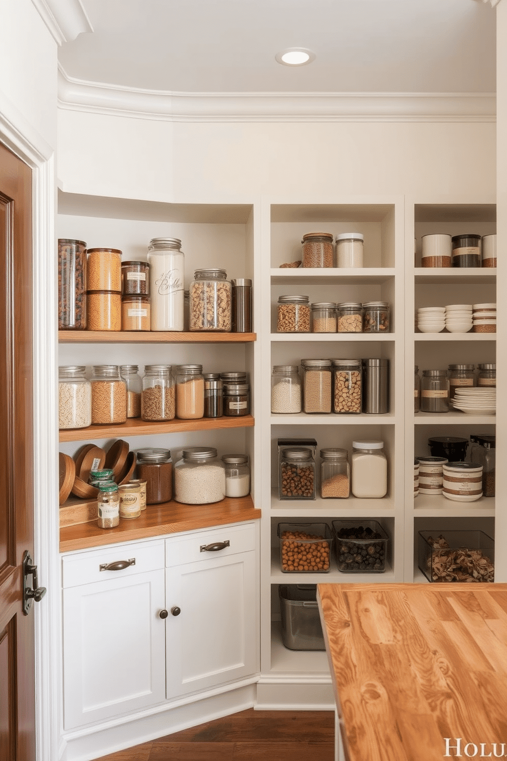 A beautifully designed walk-in pantry features elegant apothecary jars arranged on open wooden shelves, showcasing a variety of bulk ingredients like grains, spices, and dried fruits. The walls are painted in a soft cream color, complemented by a rustic wooden countertop that provides ample workspace for meal prep and organization.