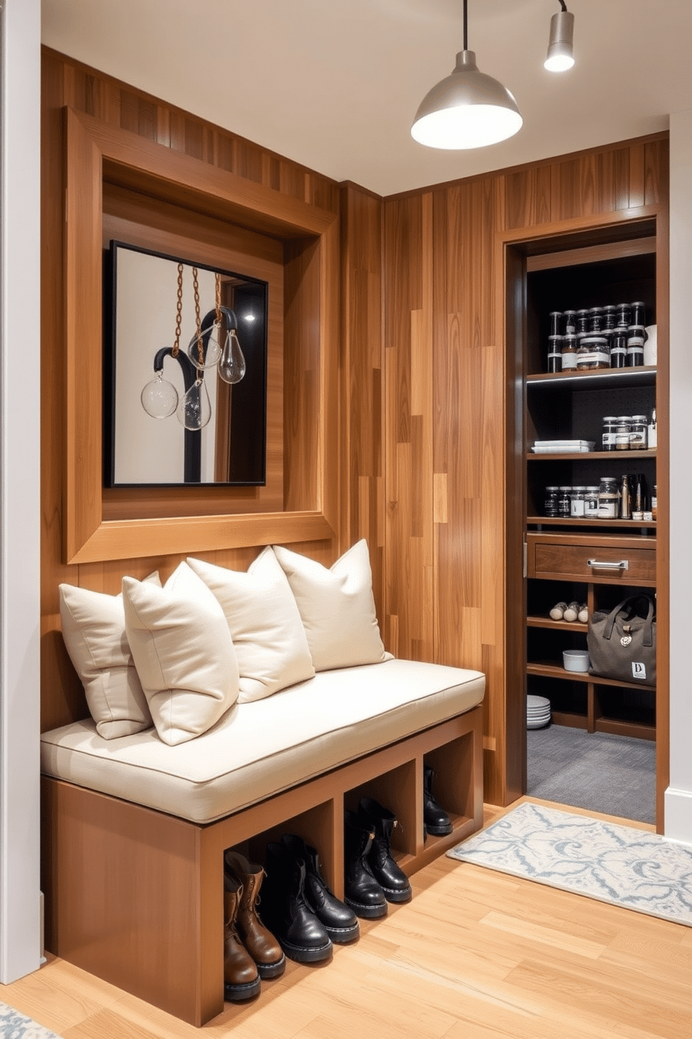 A built-in bench with plush cushions is positioned against a wall, offering both seating and storage underneath for shoes and bags. The surrounding area features warm wood accents and soft lighting to create a welcoming atmosphere. The walk-in pantry boasts custom shelving that maximizes space, with neatly organized jars and containers. A small countertop area is included for meal prep, illuminated by pendant lighting that adds a modern touch.