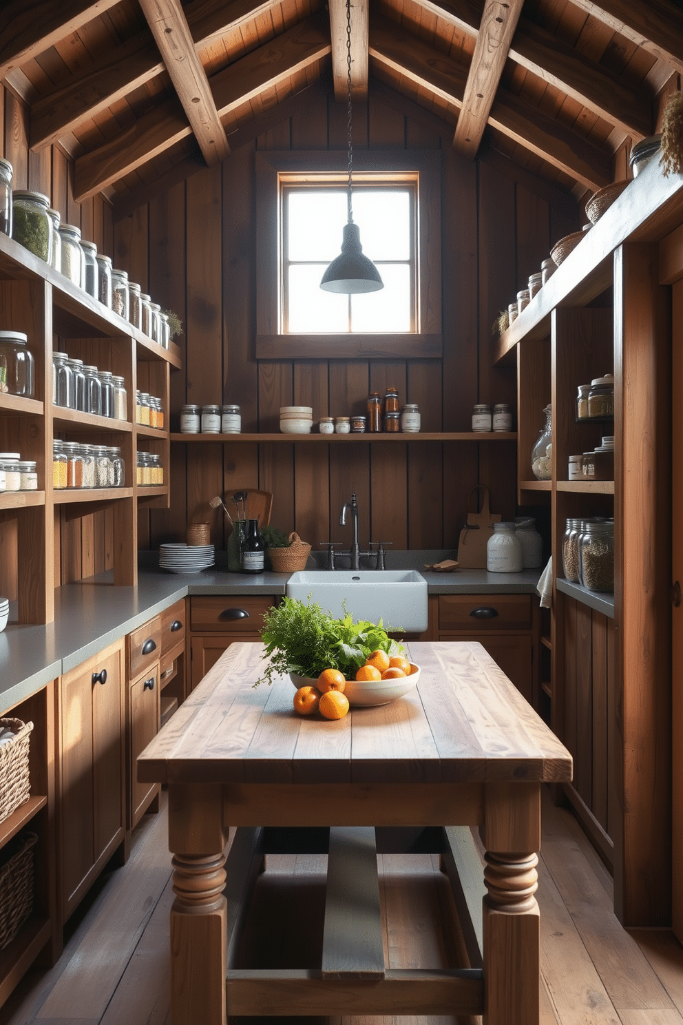 A cozy walk-in pantry featuring rustic wood accents that enhance the farmhouse charm. The shelves are made of reclaimed wood, displaying a variety of jars filled with grains and spices, while a farmhouse sink with a vintage faucet adds functionality. Natural light floods in through a small window, illuminating the wooden beams overhead. A large wooden table in the center serves as a workspace, adorned with fresh herbs and a bowl of seasonal fruits.