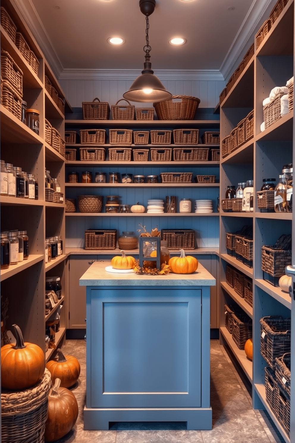 A cozy walk-in pantry designed for functionality and style. Shelves are lined with neatly organized jars and baskets, while a small island in the center provides additional workspace and storage. Seasonal decor transforms the pantry into a festive space. Warm autumn hues are introduced with decorative pumpkins and dried leaves, enhancing the inviting atmosphere.