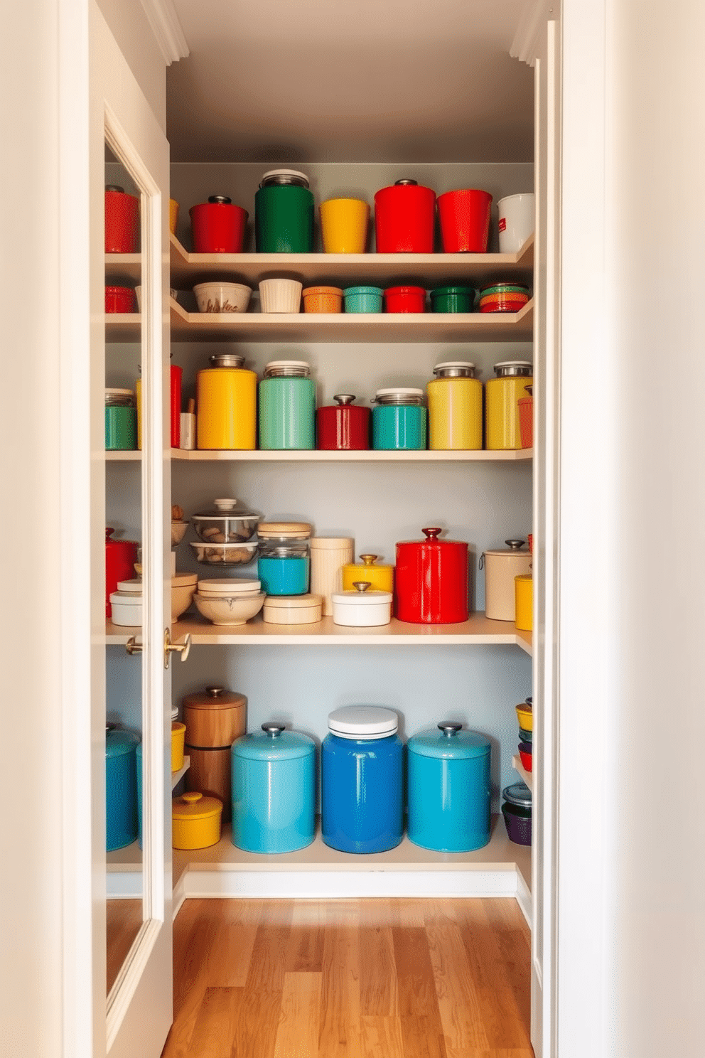 A walk-in pantry featuring vibrant, colorful canisters arranged on open shelving, creating an inviting and cheerful atmosphere. The walls are painted a soft white, while the floor is a warm wood, enhancing the overall brightness of the space.