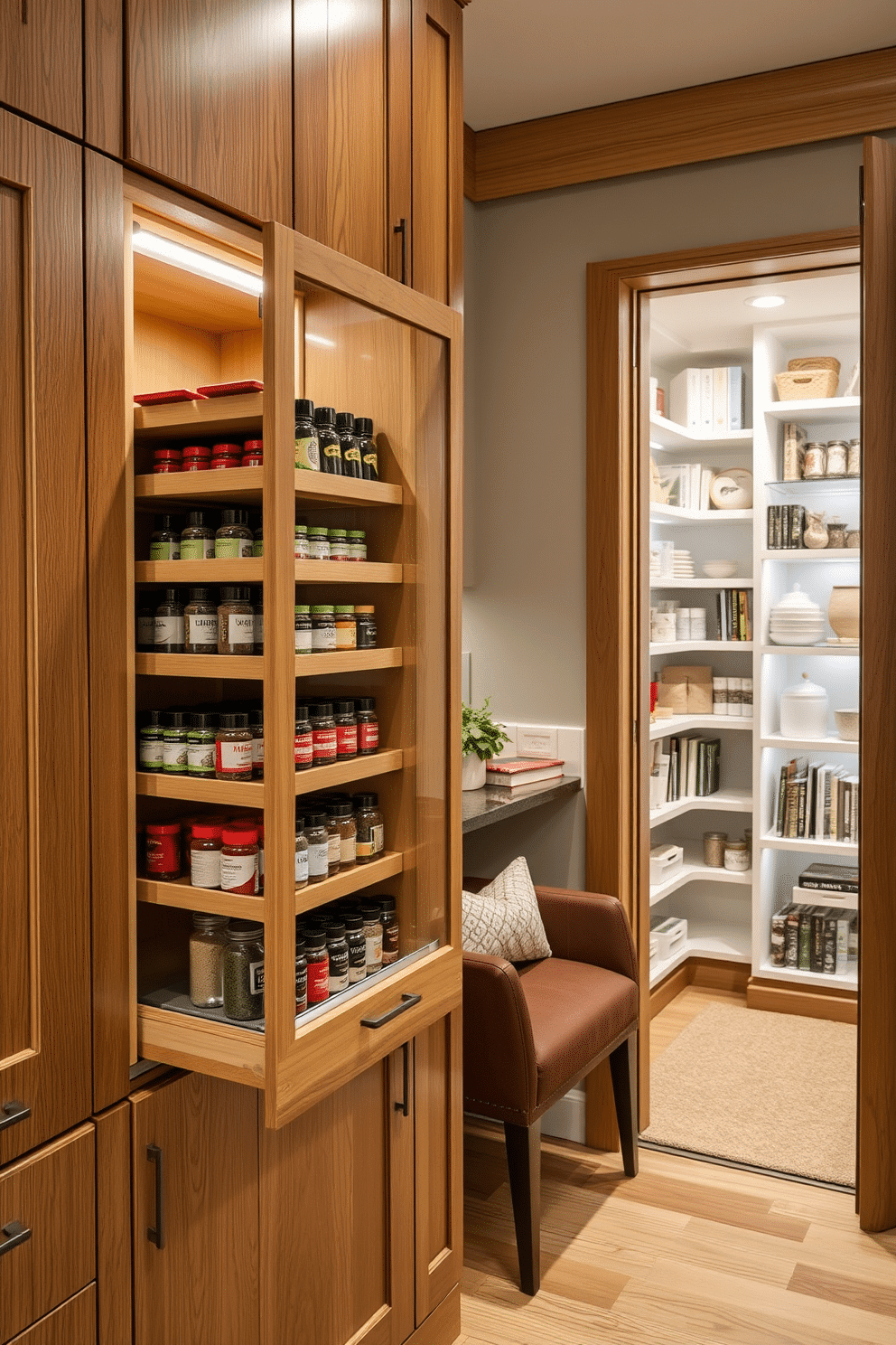 A built-in spice rack is elegantly integrated into the kitchen cabinetry, featuring pull-out shelves for easy access to spices and herbs. The wood finish matches the surrounding cabinets, while decorative labels add a personalized touch. The walk-in pantry boasts ample shelving, providing organized storage for dry goods and kitchen essentials. Soft LED lighting illuminates the space, highlighting a stylish countertop for meal prep and a cozy reading nook with a small chair.