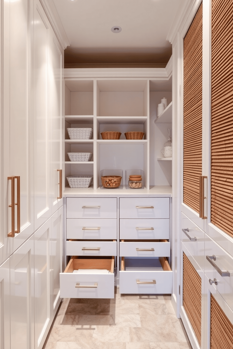 A spacious walk-in pantry featuring pull-out drawers for hidden storage, designed to maximize efficiency and organization. The cabinetry is finished in a soft white, with sleek, modern handles, while the walls are painted in a warm neutral tone to create an inviting atmosphere.