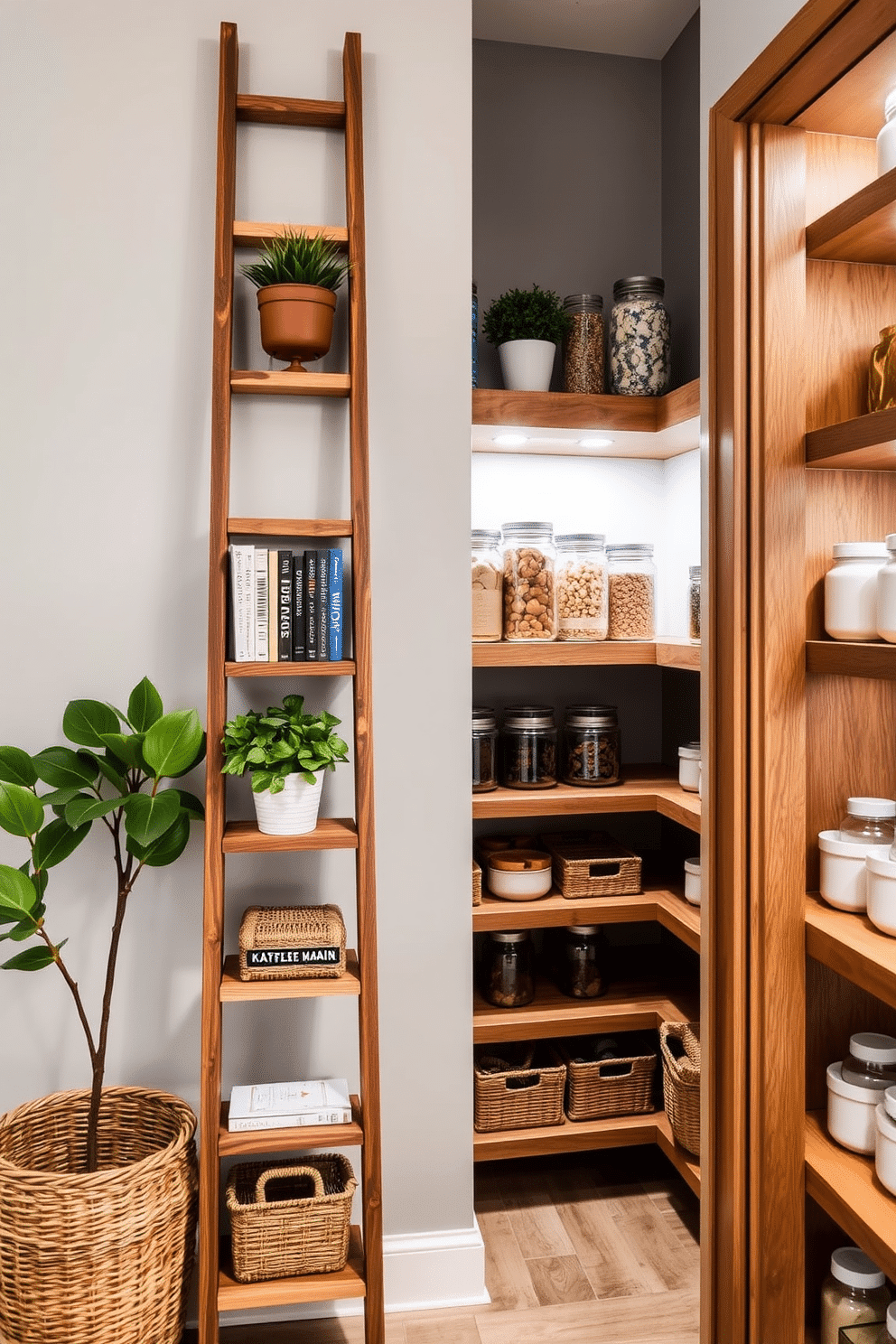 A stylish ladder shelf made of reclaimed wood leans against a light gray wall, adorned with potted plants, books, and decorative items that add personality to the space. The shelf's open design allows for easy access and showcases the beautiful textures of the materials used. The walk-in pantry features custom shelving crafted from warm oak, designed to maximize vertical space and keep everything organized. Soft LED lighting illuminates the area, highlighting neatly arranged jars and baskets that enhance both functionality and aesthetic appeal.