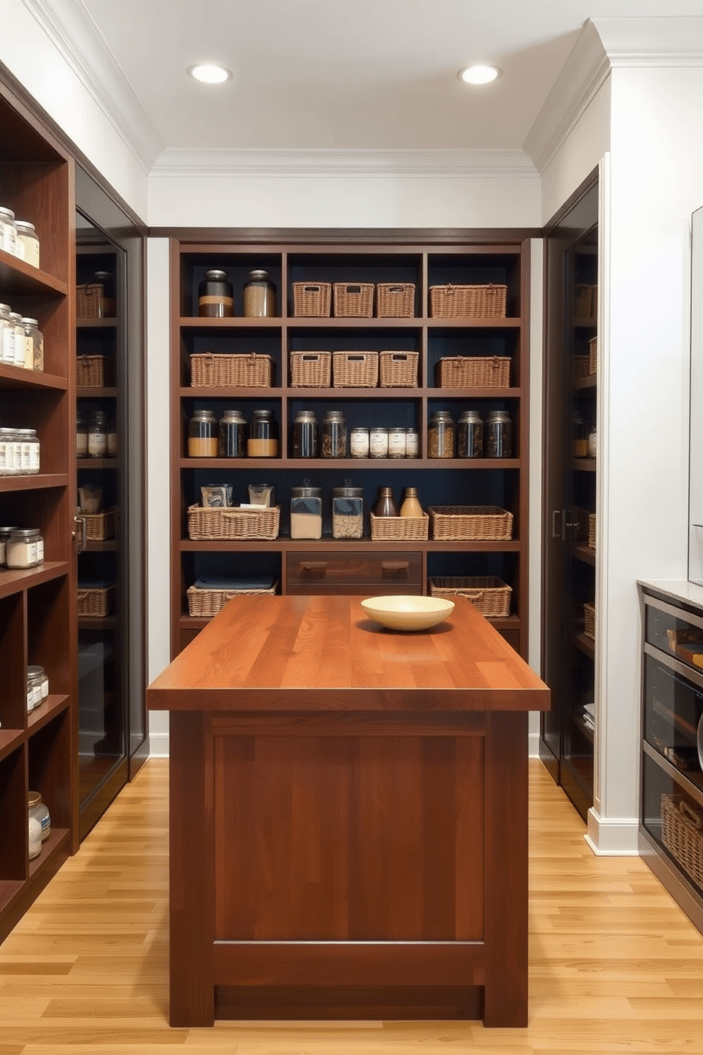 A spacious walk-in pantry features a central island with a rich wooden countertop, providing ample workspace for meal prep and organization. Surrounding the island are custom shelves filled with neatly arranged jars and baskets, showcasing a blend of functionality and aesthetic appeal.