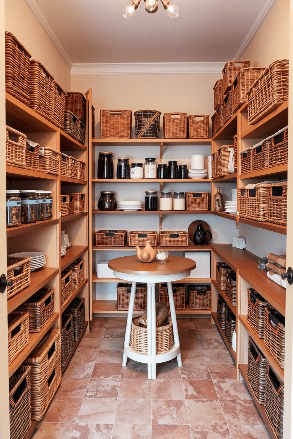 A cozy walk-in pantry featuring stylish storage solutions with woven baskets in various sizes. The walls are painted a soft cream, and natural wood shelves hold an array of jars and containers, creating an organized and inviting space. The floor is adorned with a rustic tile that complements the warm tones of the baskets. A small, round table in the center provides a perfect spot for meal prep, surrounded by additional storage options that enhance both functionality and aesthetics.