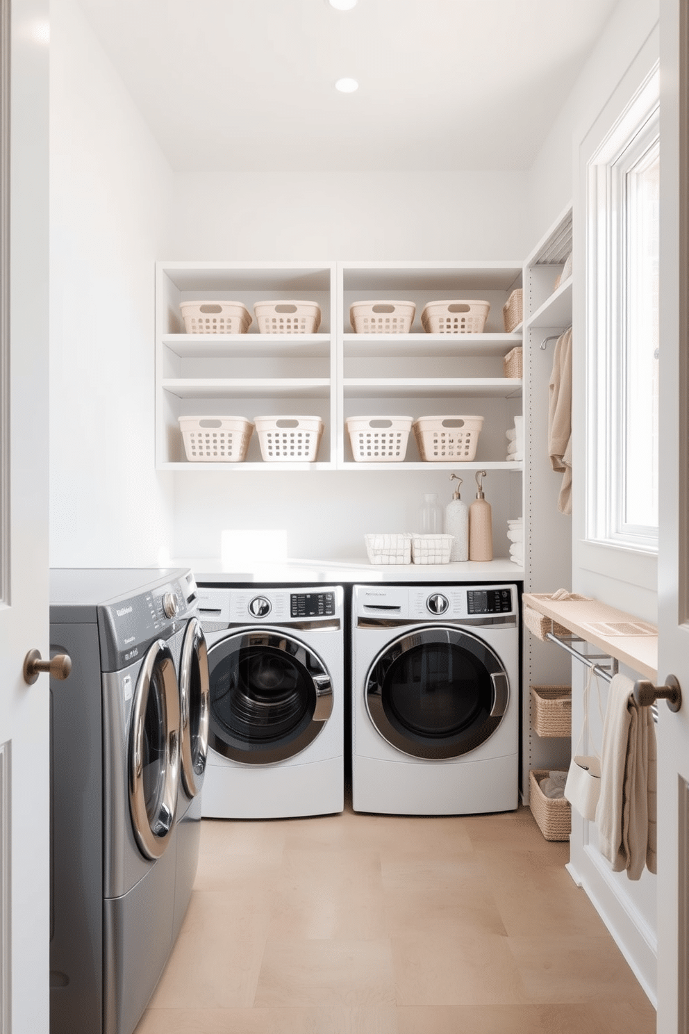 A minimalist laundry room features sleek white shelving that neatly displays a variety of laundry baskets in soft pastels. The space is bright and airy, with ample natural light filtering through a large window, creating an inviting atmosphere for chores. The walk-in closet seamlessly integrates with the laundry area, showcasing organized storage solutions and a functional layout. Soft, neutral tones enhance the modern aesthetic, while stylish hooks and baskets provide practical storage options for everyday items.