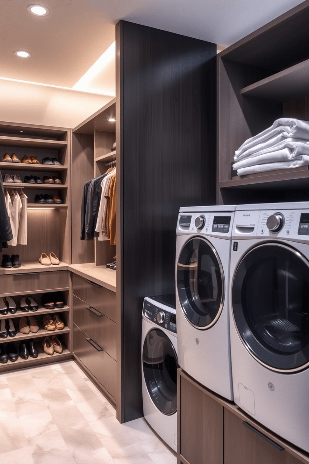 A stylish shoe storage area seamlessly integrated with a functional laundry space. The design features built-in shelving for shoes, with a sleek countertop above for folding laundry, accented by soft, ambient lighting. The walk-in closet showcases organized storage solutions, including hanging racks and drawers. Adjacent to the closet, the laundry room is equipped with modern appliances and a chic folding station, creating a harmonious blend of style and utility.