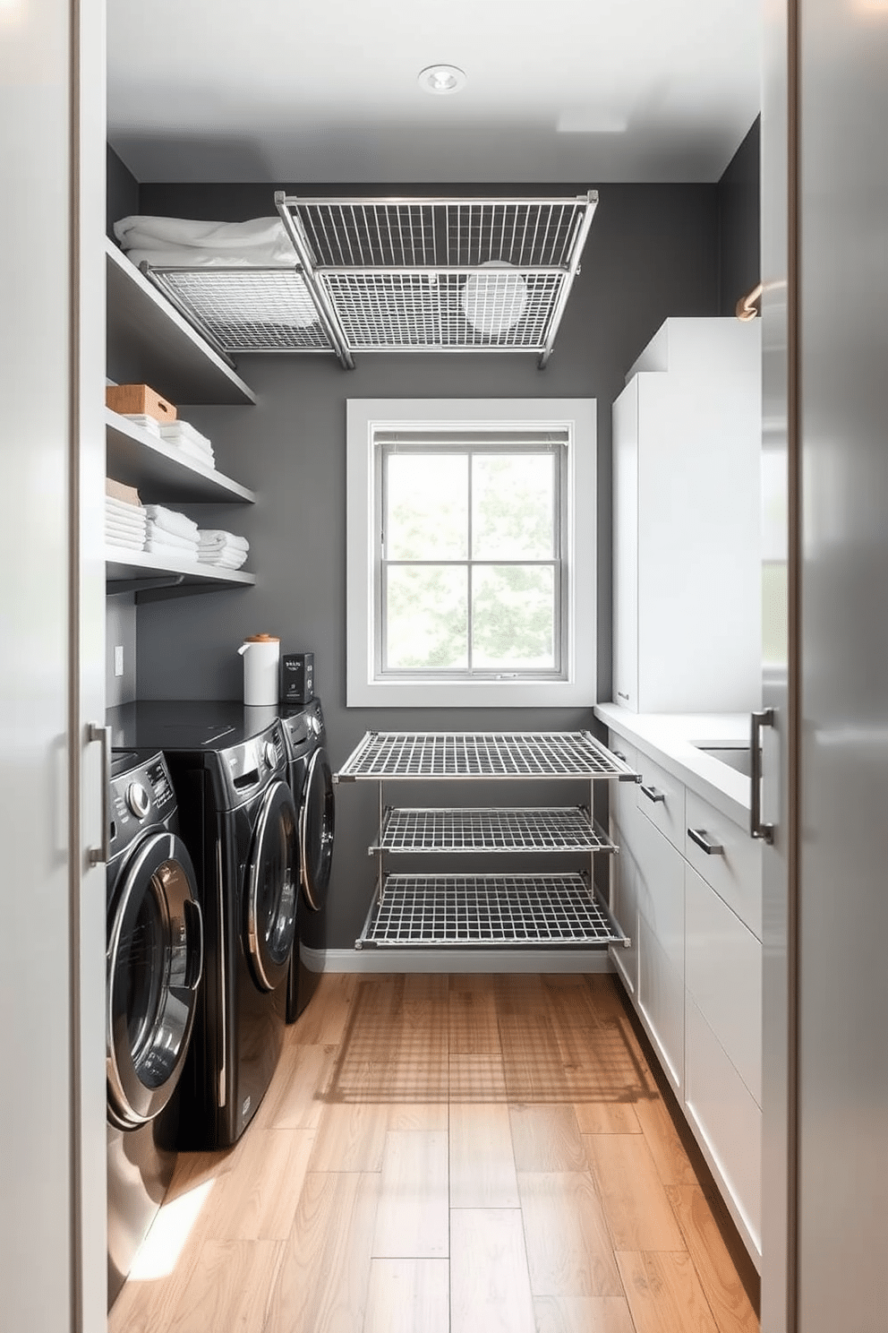 A modern laundry room featuring a walk-in closet design, seamlessly integrating fold-out drying racks for convenience. The space is brightened by natural light streaming through a large window, complemented by sleek cabinetry and organized shelving.