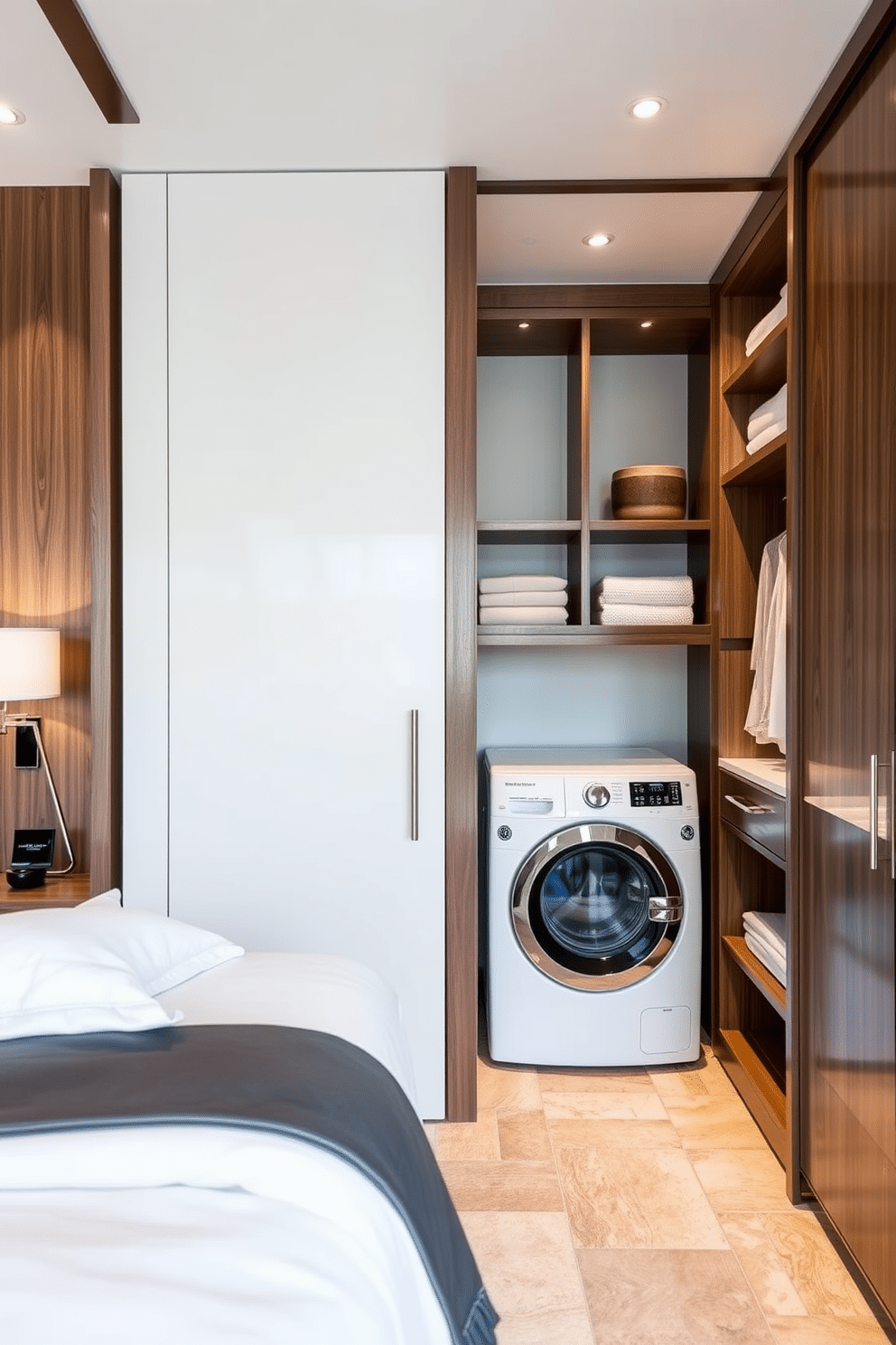 A hidden laundry chute seamlessly integrates into the design of a luxurious bedroom, discreetly concealed within the cabinetry. The chute features a sleek, modern opening that blends with the surrounding decor, allowing for effortless laundry disposal. Adjacent to the chute, a spacious walk-in closet offers ample storage with custom shelving and elegant lighting. The closet transitions into a well-organized laundry room, complete with a stylish washer and dryer, folding station, and chic storage solutions that maintain the overall aesthetic.