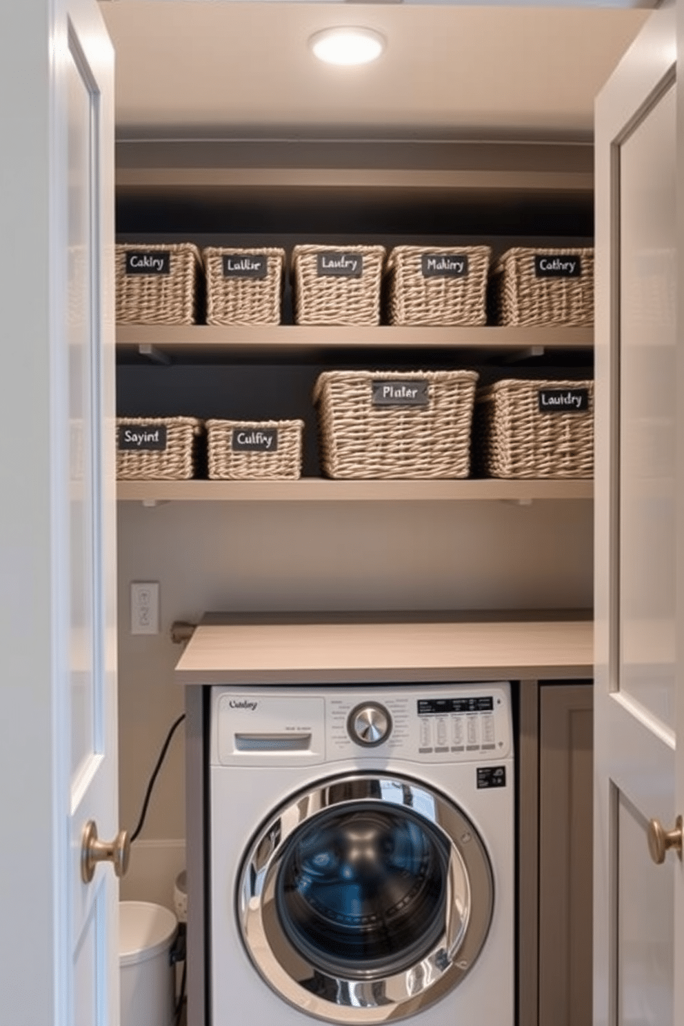 A walk-in closet laundry room combo features a series of stylish baskets labeled for organized sorting, neatly arranged on open shelving. The space is designed with a blend of functionality and elegance, incorporating a modern washer and dryer seamlessly into the cabinetry.