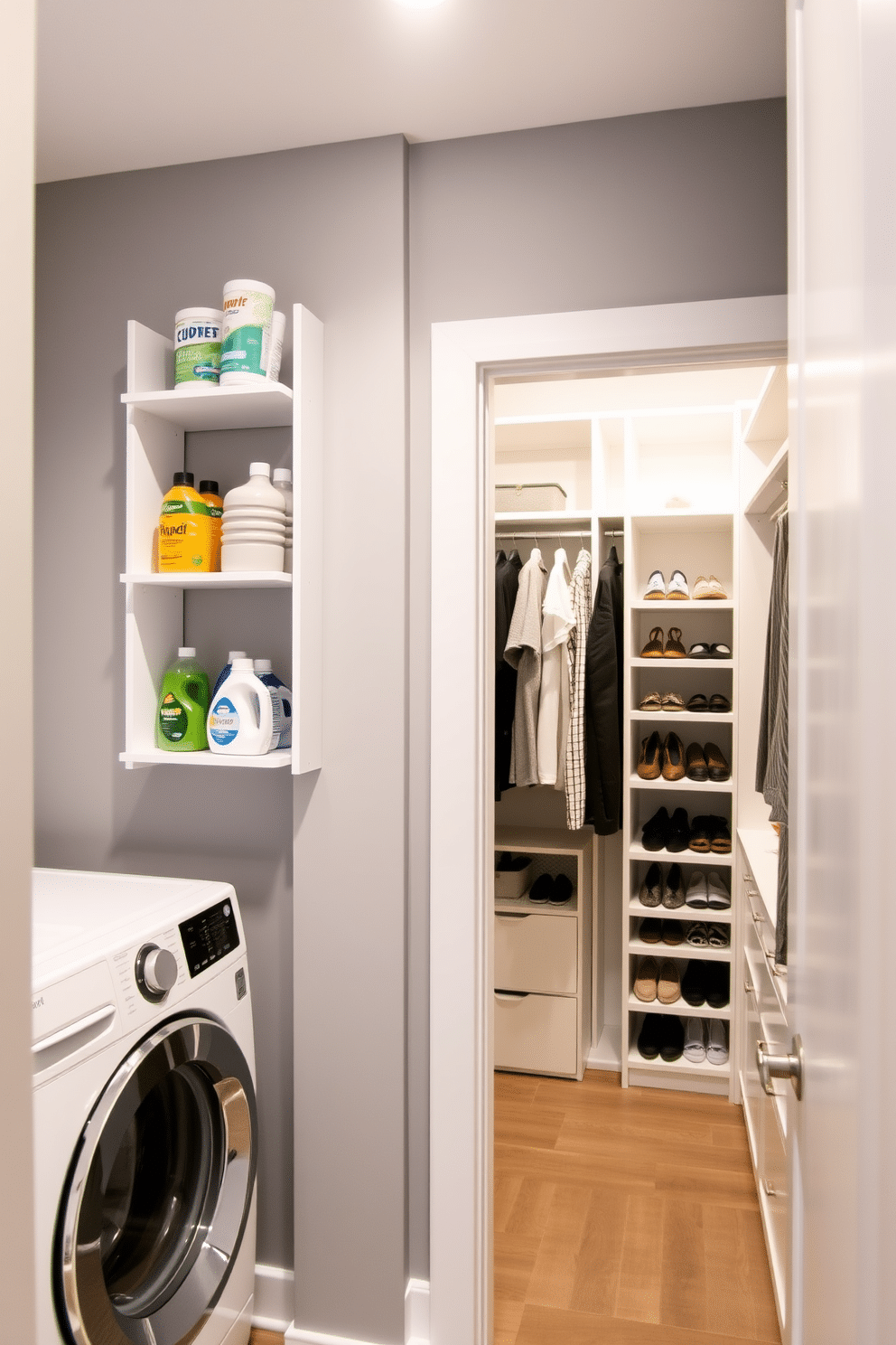 A modern laundry room featuring vertical storage solutions for detergent and supplies. The walls are painted in a soft gray, and sleek white shelving units are mounted for easy access to cleaning products. Adjacent to the laundry area, a spacious walk-in closet is designed with custom cabinetry and hanging space. Soft LED lighting illuminates the closet, highlighting neatly organized shelves filled with shoes and accessories.