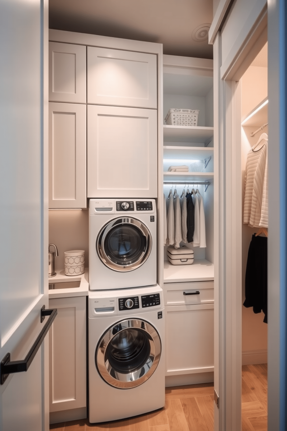 A compact laundry room featuring a walk-in closet design that maximizes space efficiency. The layout includes stacked washer and dryer units seamlessly integrated into cabinetry, with a folding station and ample shelving for storage. The walk-in closet area is designed with built-in shelves and hanging rods, providing organized storage for clothing and accessories. Soft LED lighting enhances visibility, while a neutral color palette creates a calming atmosphere in this multifunctional space.