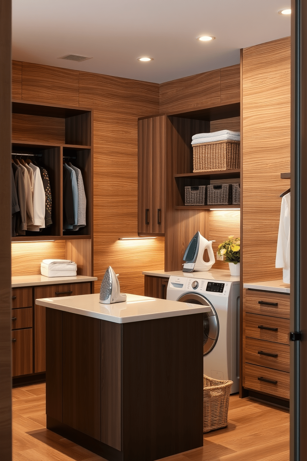 Textured wall panels in a warm wood finish create an inviting atmosphere in a walk-in closet that seamlessly blends with a laundry room. The space features ample shelving and hanging options, complemented by a stylish island for folding clothes and a sleek washer and dryer tucked away behind elegant cabinetry. The laundry area is designed with functionality in mind, incorporating a built-in ironing board and a dedicated space for sorting and storing laundry supplies. Soft, ambient lighting enhances the cozy feel, while decorative accents like woven baskets and potted plants add a touch of charm to this dual-purpose room.