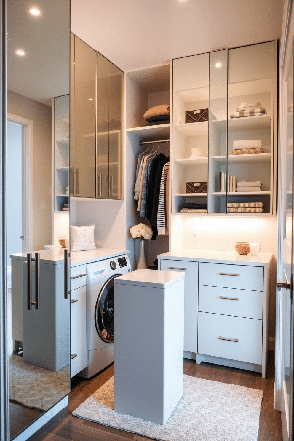 A stylish walk-in closet laundry room combo features mirrored cabinets that reflect light and create an illusion of spaciousness. The design includes ample shelving for storage and a dedicated area for folding clothes, all accented with soft, ambient lighting. Incorporating a sleek washer and dryer into the cabinetry allows for a seamless look, while a small island in the center provides additional workspace. The color palette combines soft neutrals with pops of color in decorative accents, making the space both functional and inviting.