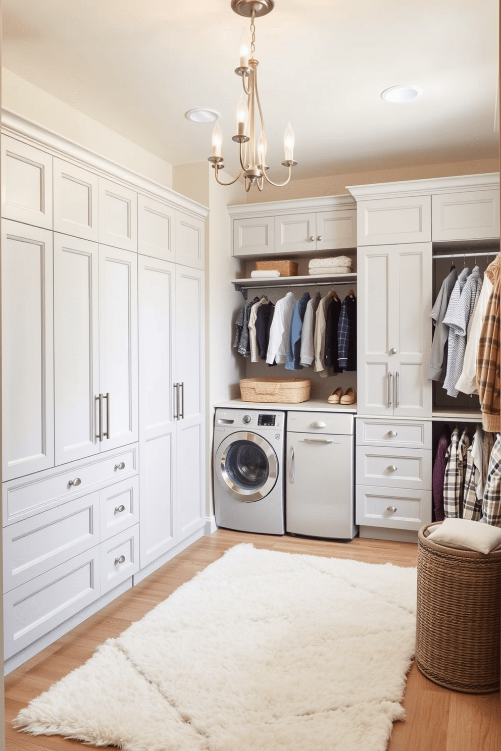 A serene walk-in closet and laundry room combo designed with neutral tones creates a calming atmosphere. The space features soft beige walls and light gray cabinetry, providing a cohesive and tranquil backdrop for organization. Incorporating a stylish island in the center allows for laundry folding and additional storage. Elegant lighting fixtures enhance the ambiance, while a plush rug adds warmth underfoot, making the area both functional and inviting.