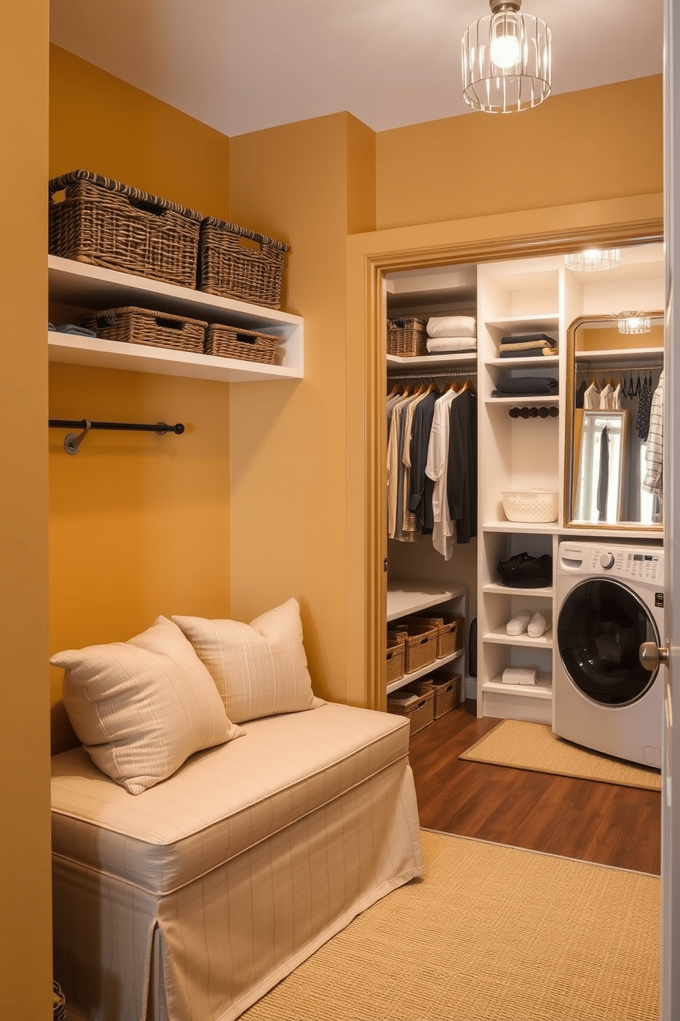 A charming laundry nook features a cozy bench upholstered in soft fabric, providing a comfortable spot to sit while folding clothes. The walls are painted in a warm, inviting color, and shelves above the bench are adorned with neatly arranged baskets for storage. Adjacent to the laundry nook, the walk-in closet is designed for optimal organization, with custom shelving and hanging space. Elegant lighting fixtures illuminate the area, while a full-length mirror adds a touch of luxury to this functional space.