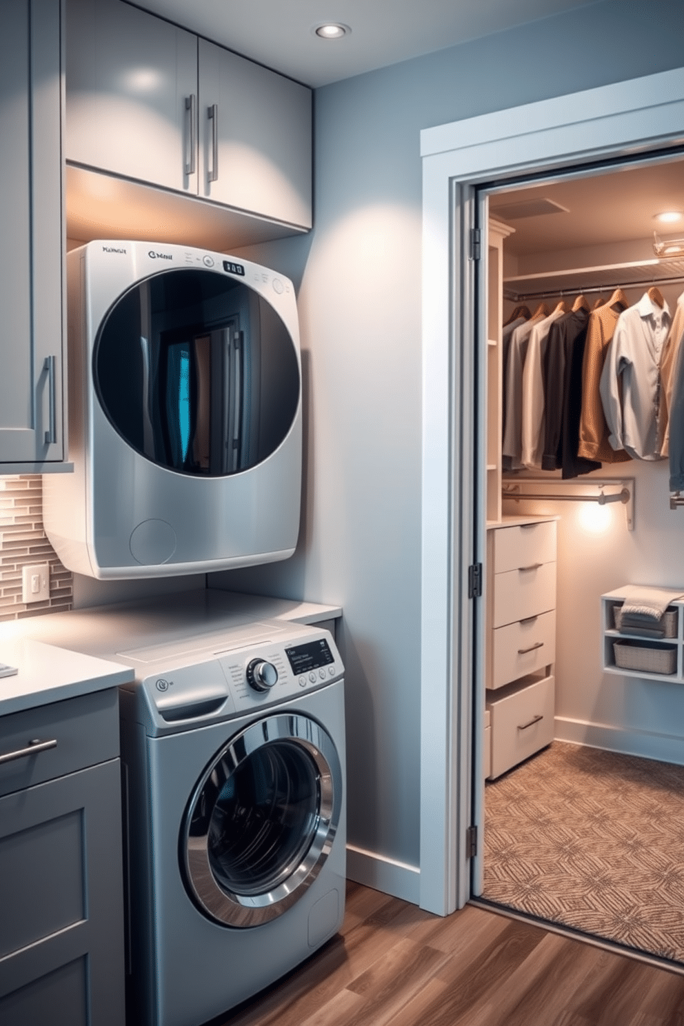 A modern laundry room featuring a stacked washer and dryer seamlessly integrated under a sleek countertop. The space includes ample storage with custom cabinetry, and a stylish backsplash adds a pop of color behind the appliances. Adjacent to the laundry area, a spacious walk-in closet offers organized shelving and hanging space, designed for maximum efficiency. Soft, ambient lighting illuminates the room, creating a warm and inviting atmosphere.