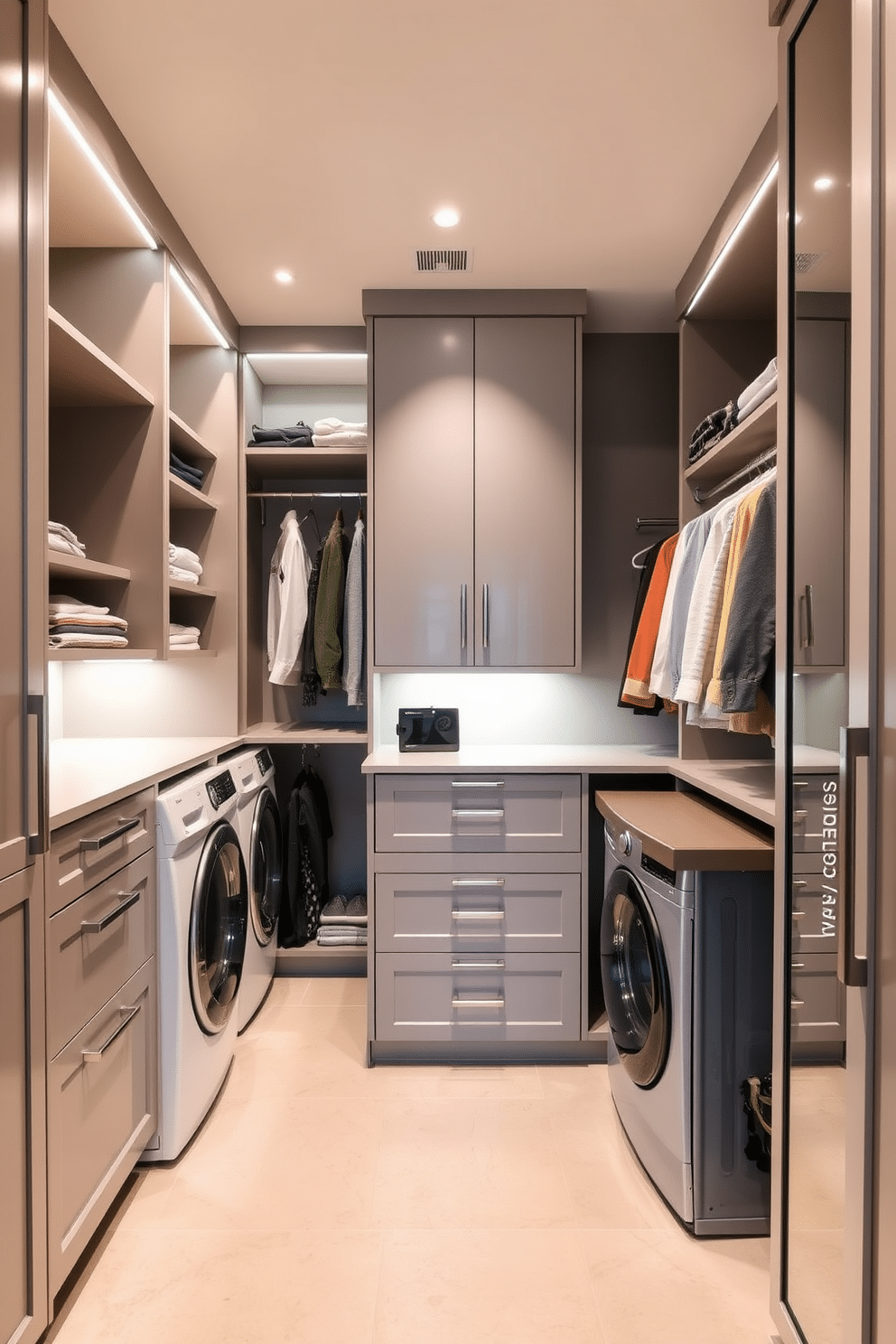 A modern walk-in closet and laundry room combo featuring integrated lighting for optimal task visibility. The space includes sleek cabinetry in a soft gray finish, with built-in shelves and drawers to maximize storage efficiency. Recessed lighting illuminates the area, highlighting the organized sections for clothing and laundry. A stylish folding station is positioned near the washer and dryer, with a large mirror reflecting the contemporary design elements.