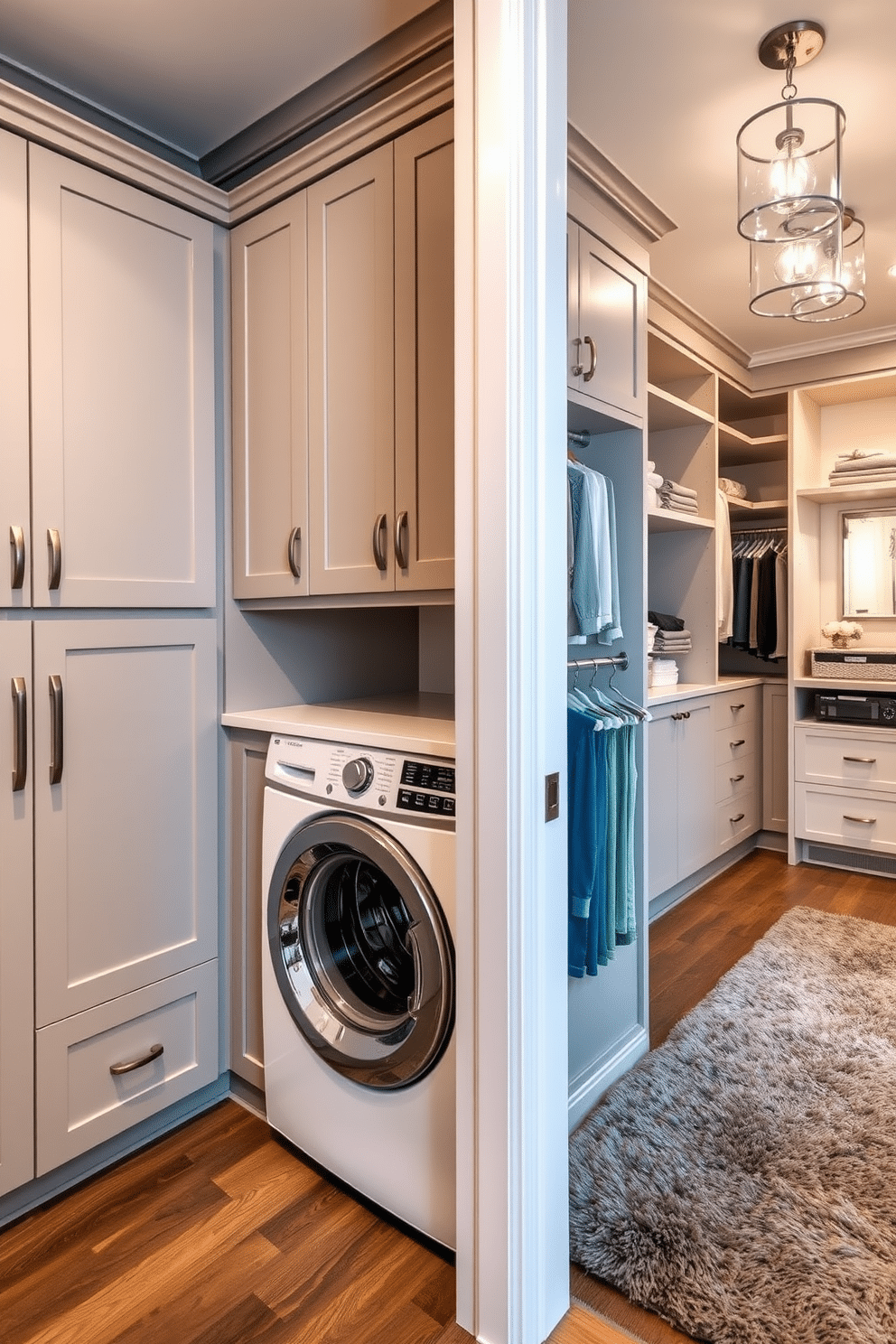 A modern laundry room that seamlessly integrates smart technology for efficient laundry management. The space features a sleek washer and dryer setup with touch-screen controls, alongside an organized wall of storage cabinets in a soft gray finish. Adjacent to the laundry area, a luxurious walk-in closet offers ample space with custom shelving and hanging solutions. Elegant lighting fixtures illuminate the room, while a plush area rug adds warmth and comfort beneath your feet.