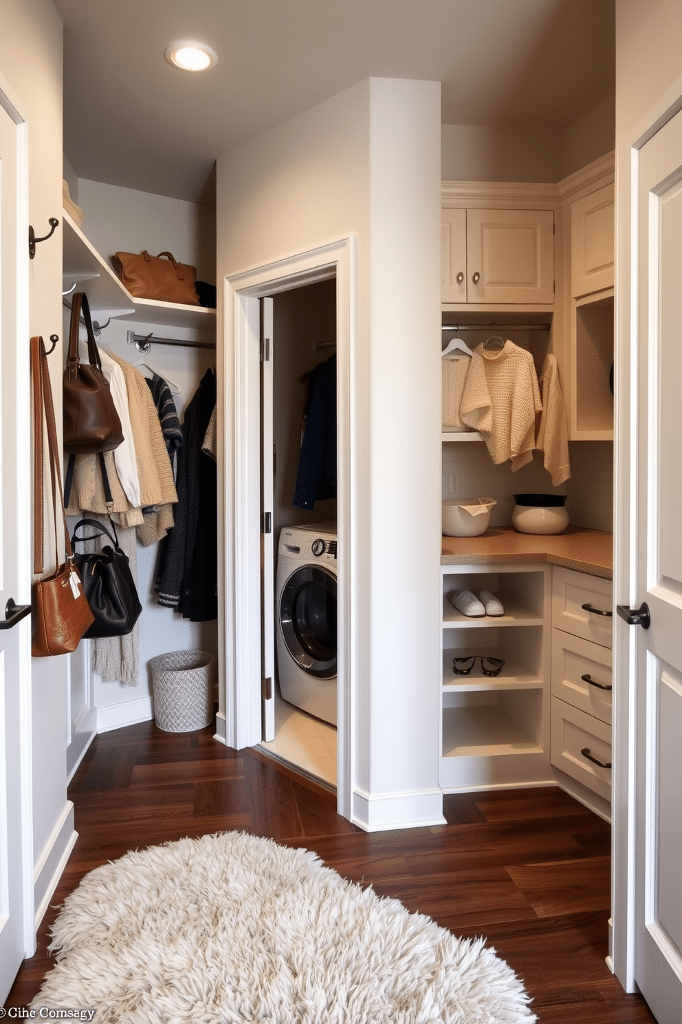 A stylish walk-in closet designed for functionality and aesthetics. The space features decorative hooks for bags and accessories, elegantly arranged along the walls, complemented by a plush area rug underfoot. Adjacent to the closet, a laundry room combo offers seamless integration with ample storage. The cabinetry is finished in a soft white, while a countertop provides space for folding laundry, creating a cohesive and organized environment.